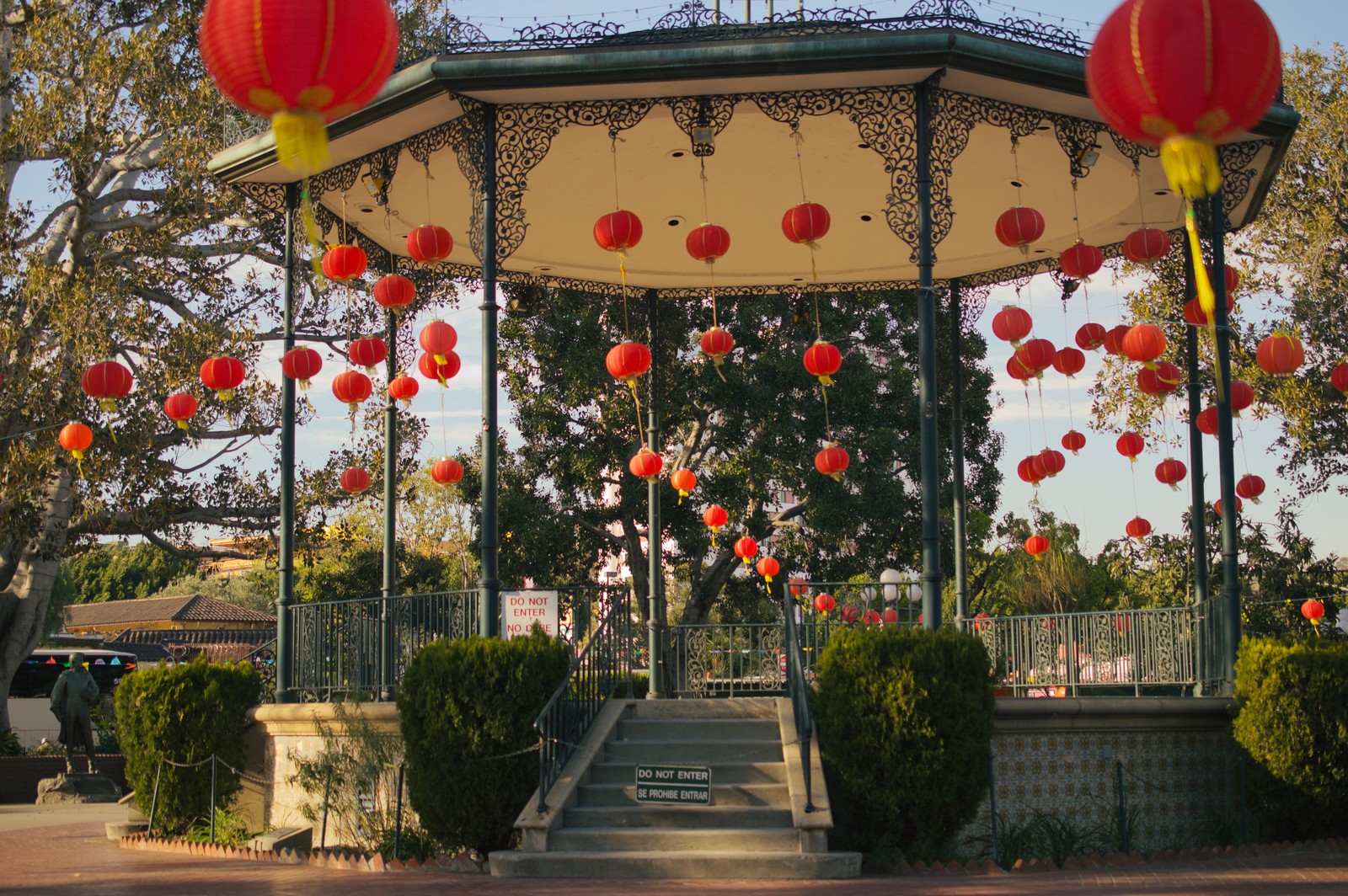 The Kiosko gazebo in the Old Plaza at El Pueblo de Los Angeles, hung with red lanterns