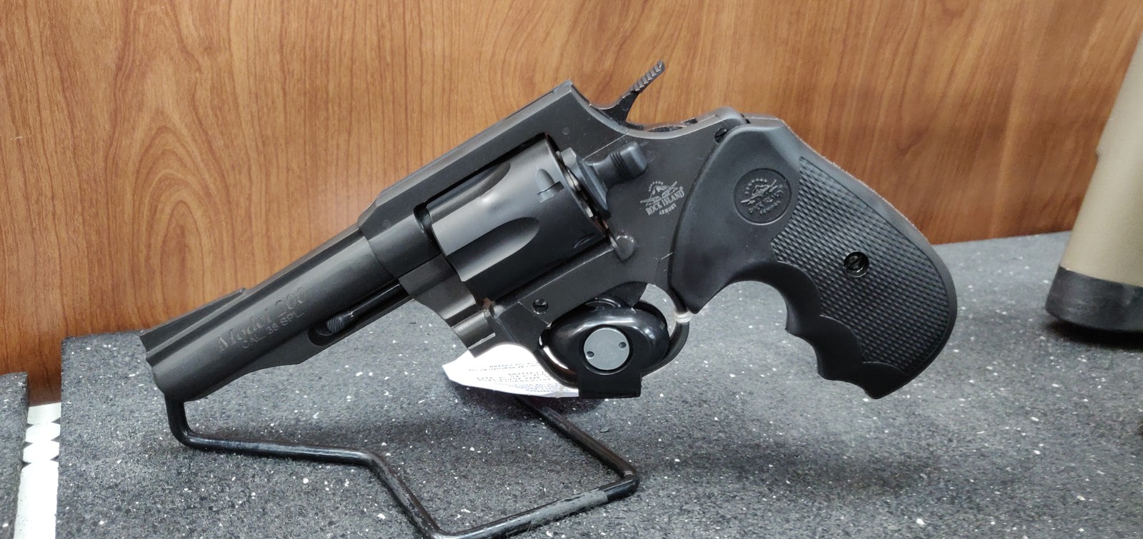 A .38 Special revolver displayed on a stand, the type of firearm covered by the interstate handgun transfer restrictions at issue in the case
