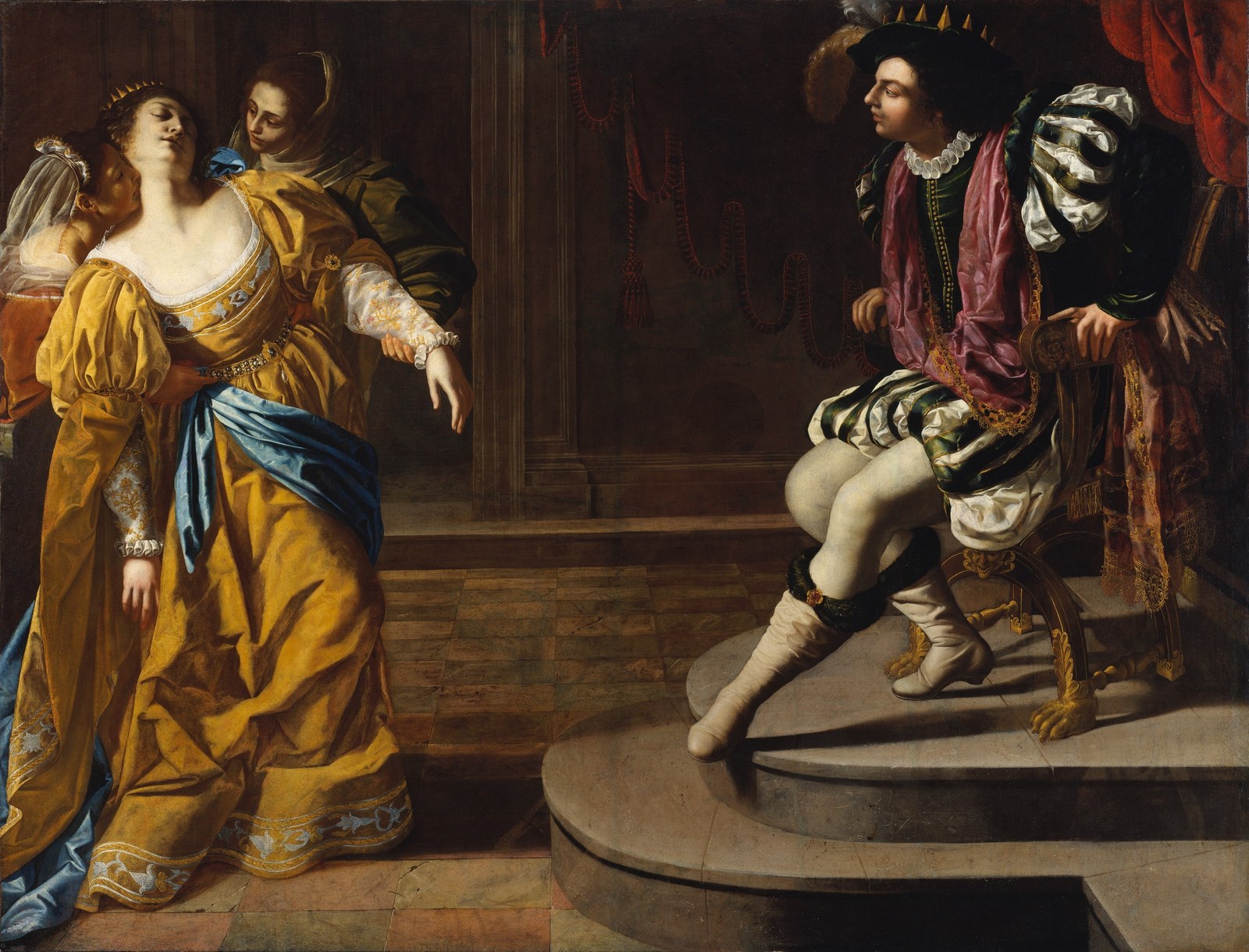 Artemisia Gentileschi painting of Queen Esther fainting before King Ahasuerus, who sits on a raised throne