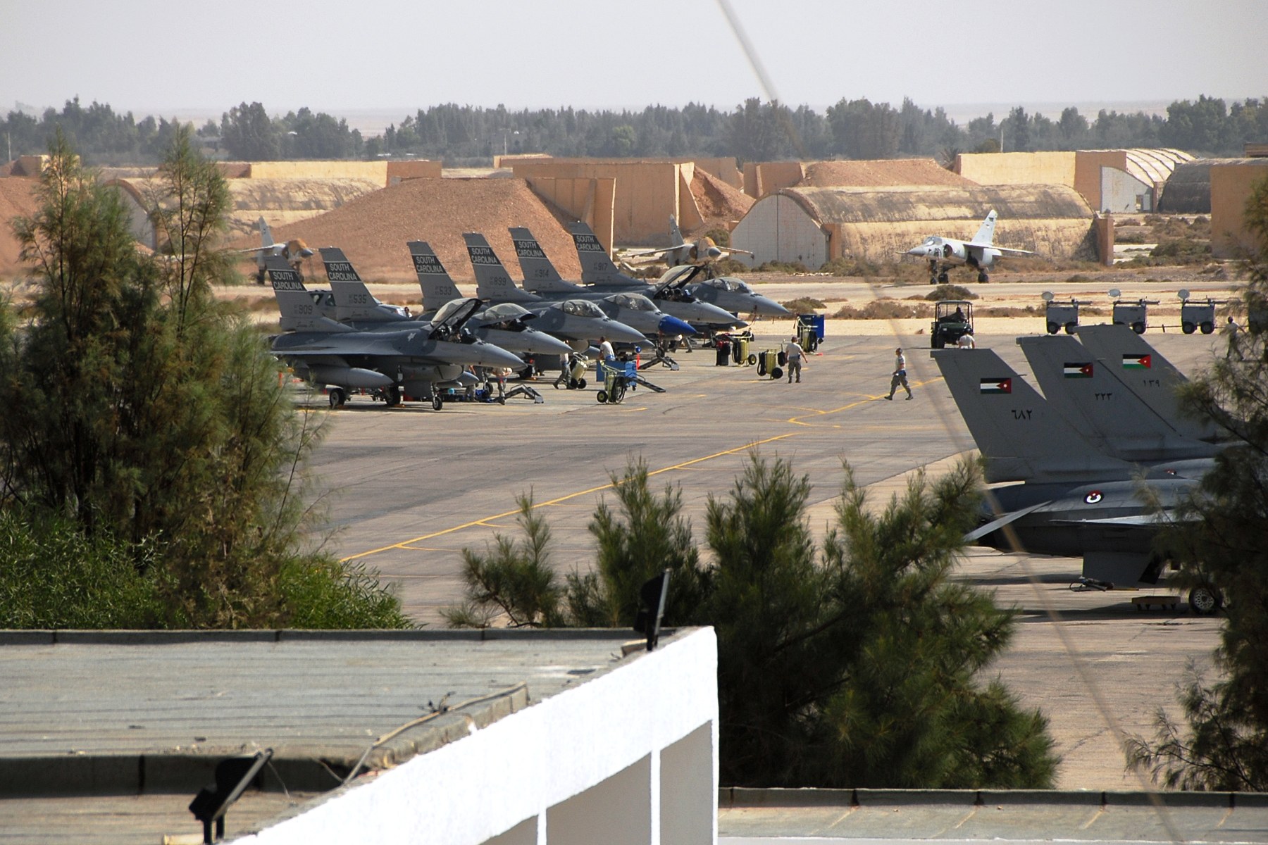 Rows of Jordanian and U.S. Air Force F-16 Fighting Falcons parked beside hardened aircraft shelters at Muwaffaq Salti Air Base in Azraq, Jordan