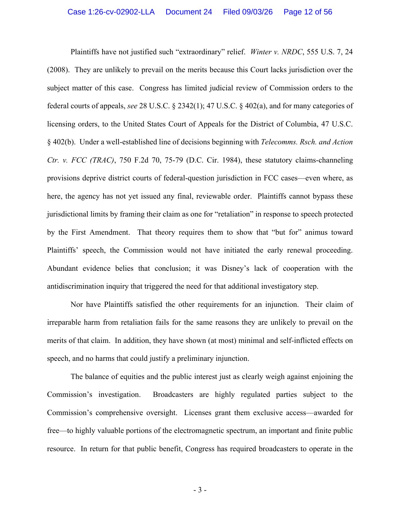 Page 12 of the FCC's combined motion to dismiss in American Broadcasting Companies v. FCC, showing the jurisdictional argument
