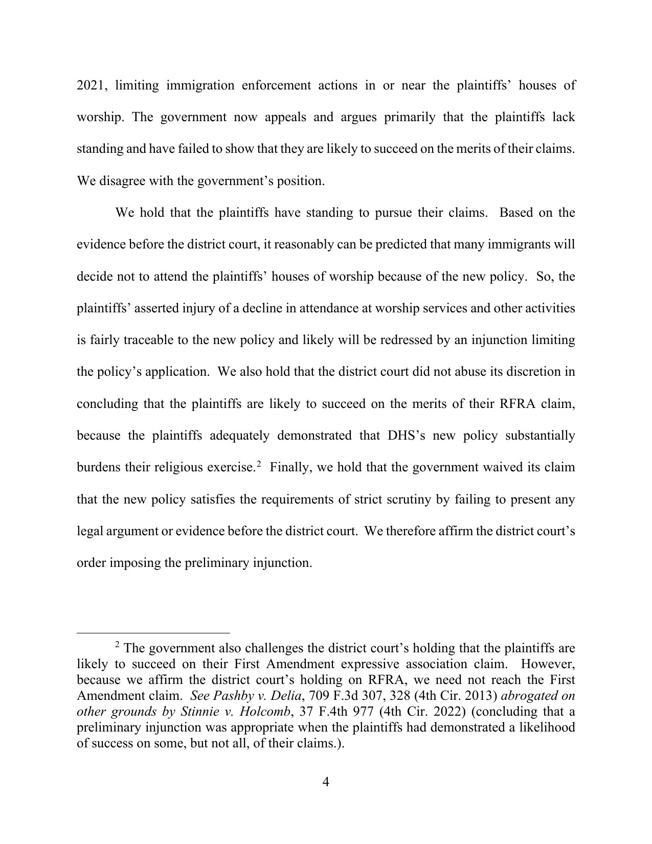 Page 4 of the Fourth Circuit's published opinion in Philadelphia Yearly Meeting v. DHS, No. 25-1512, stating the holding