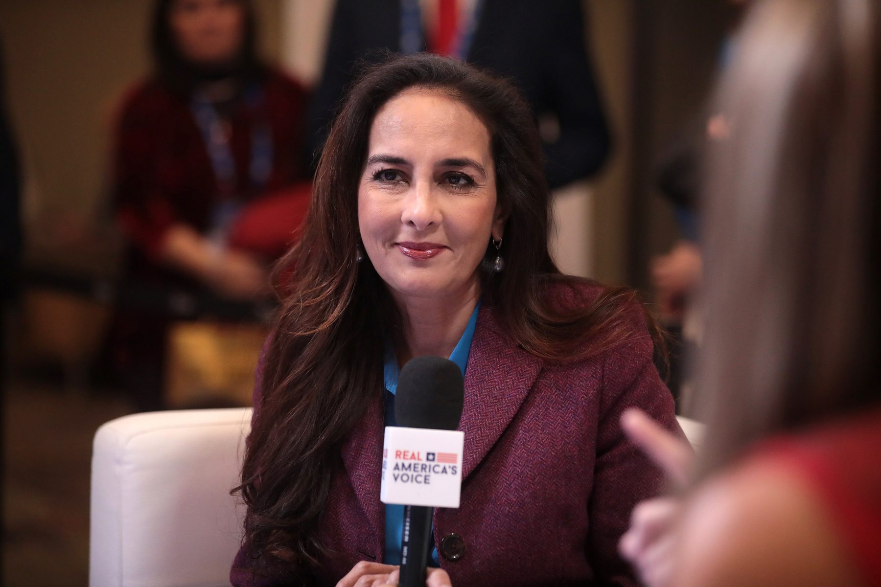 Harmeet Dhillon, now head of the Justice Department's Civil Rights Division, speaking with the media at AmericaFest 2022