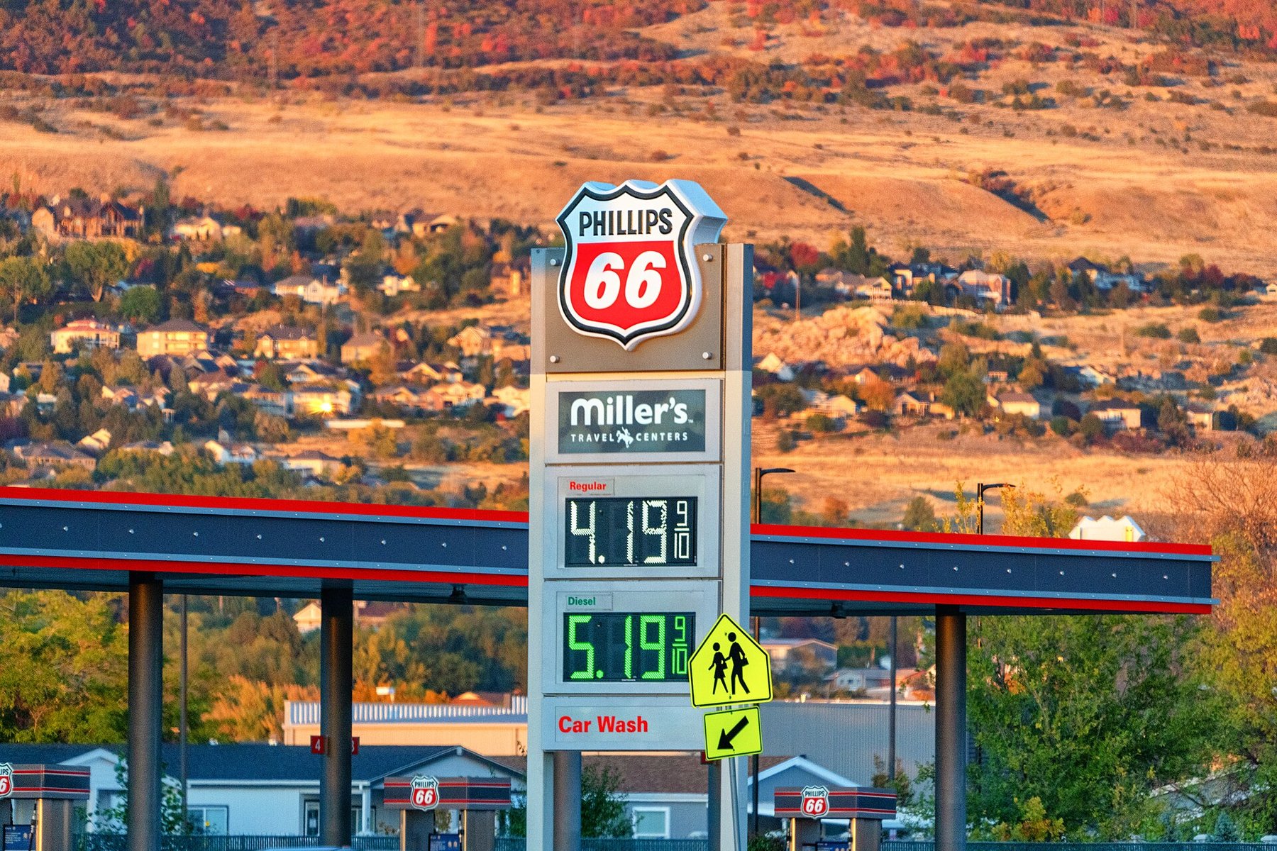 Phillips 66 gas station price sign showing regular gasoline at 4.19 and diesel at 5.19 per gallon