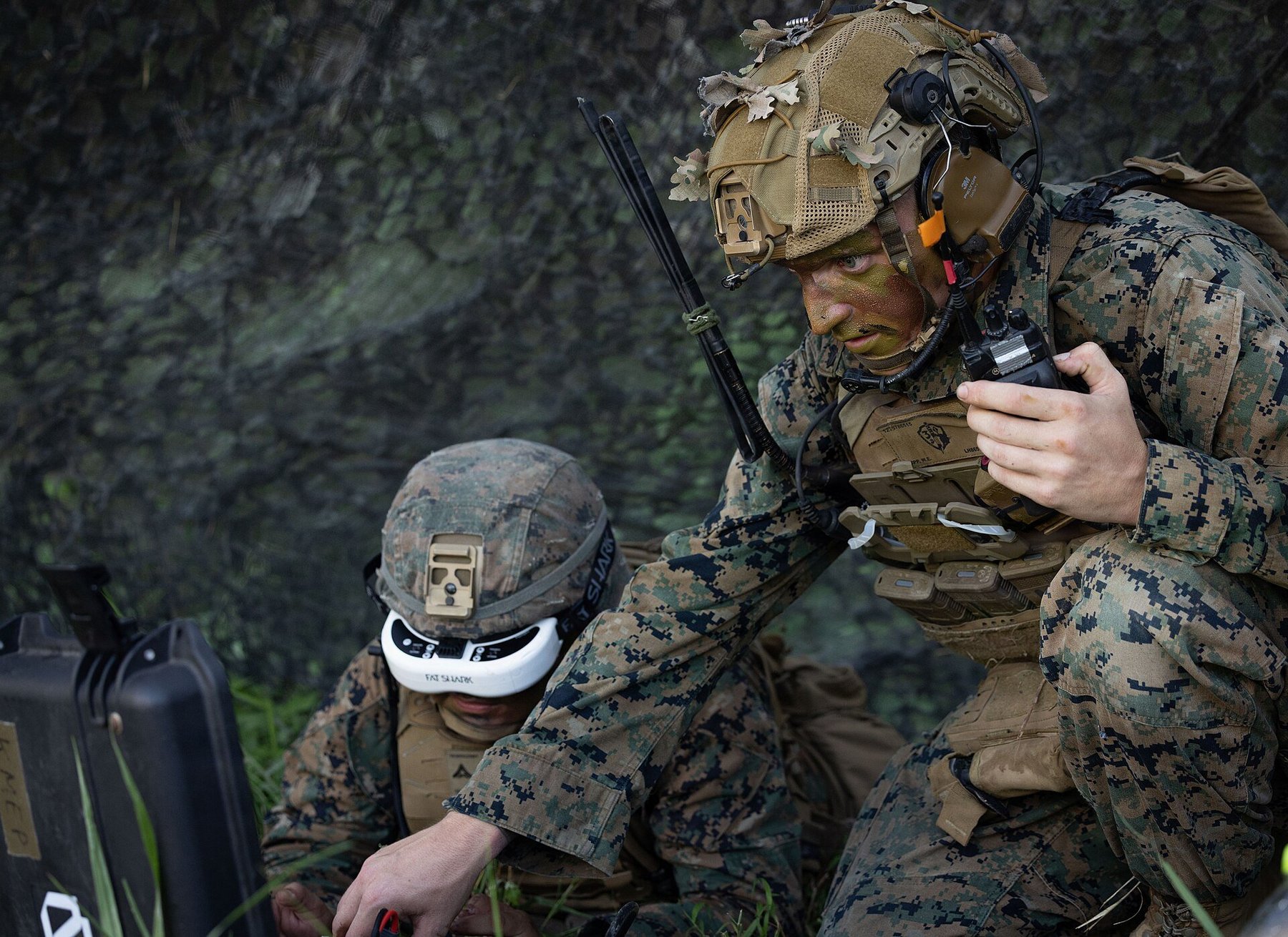 U.S. Marines with 3rd Battalion, 7th Marine Regiment conduct live-fire first-person view attack drone training in South Korea, one wearing FPV goggles