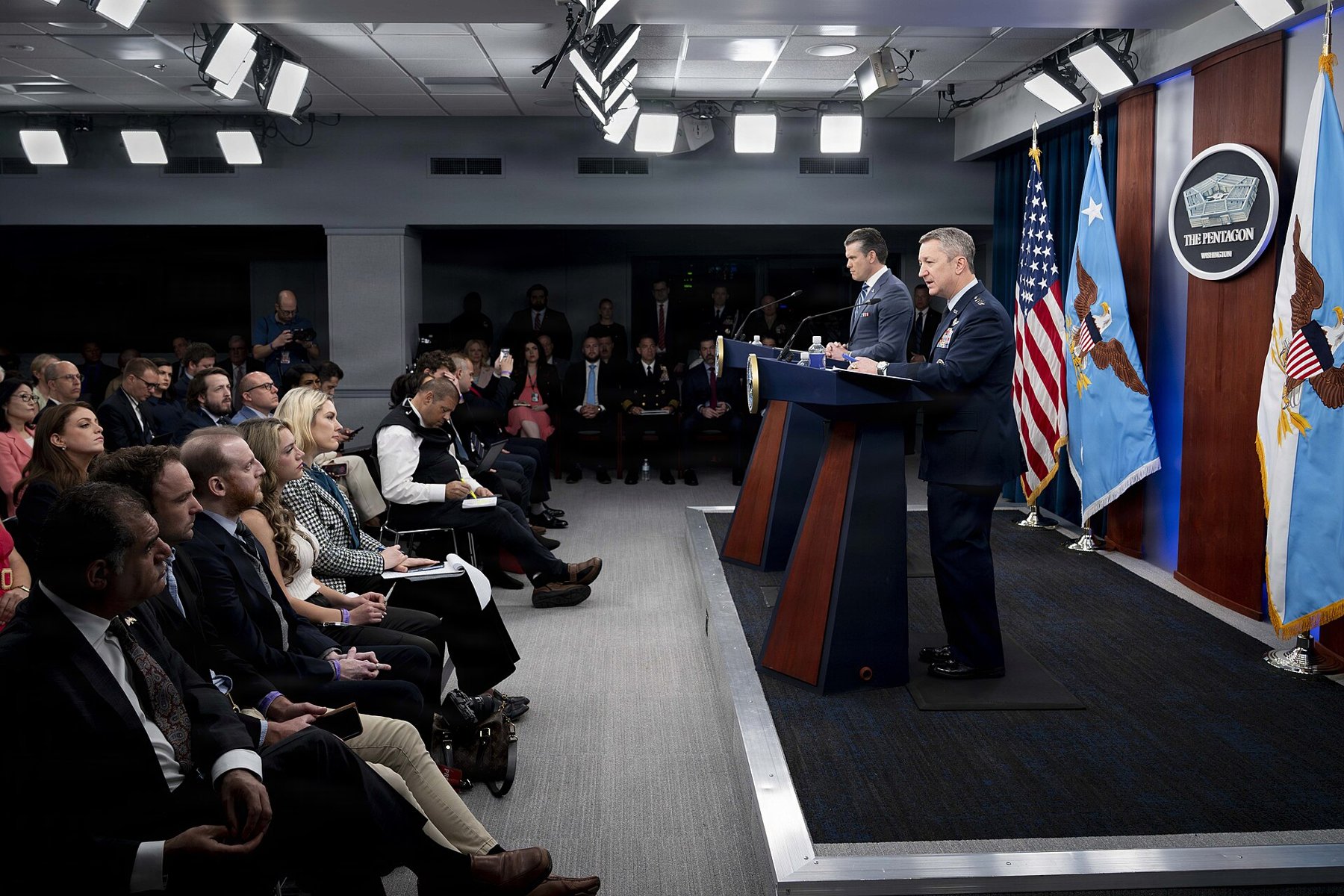 Secretary of War Pete Hegseth and Gen. Dan Caine brief reporters at the Pentagon, April 16, 2026