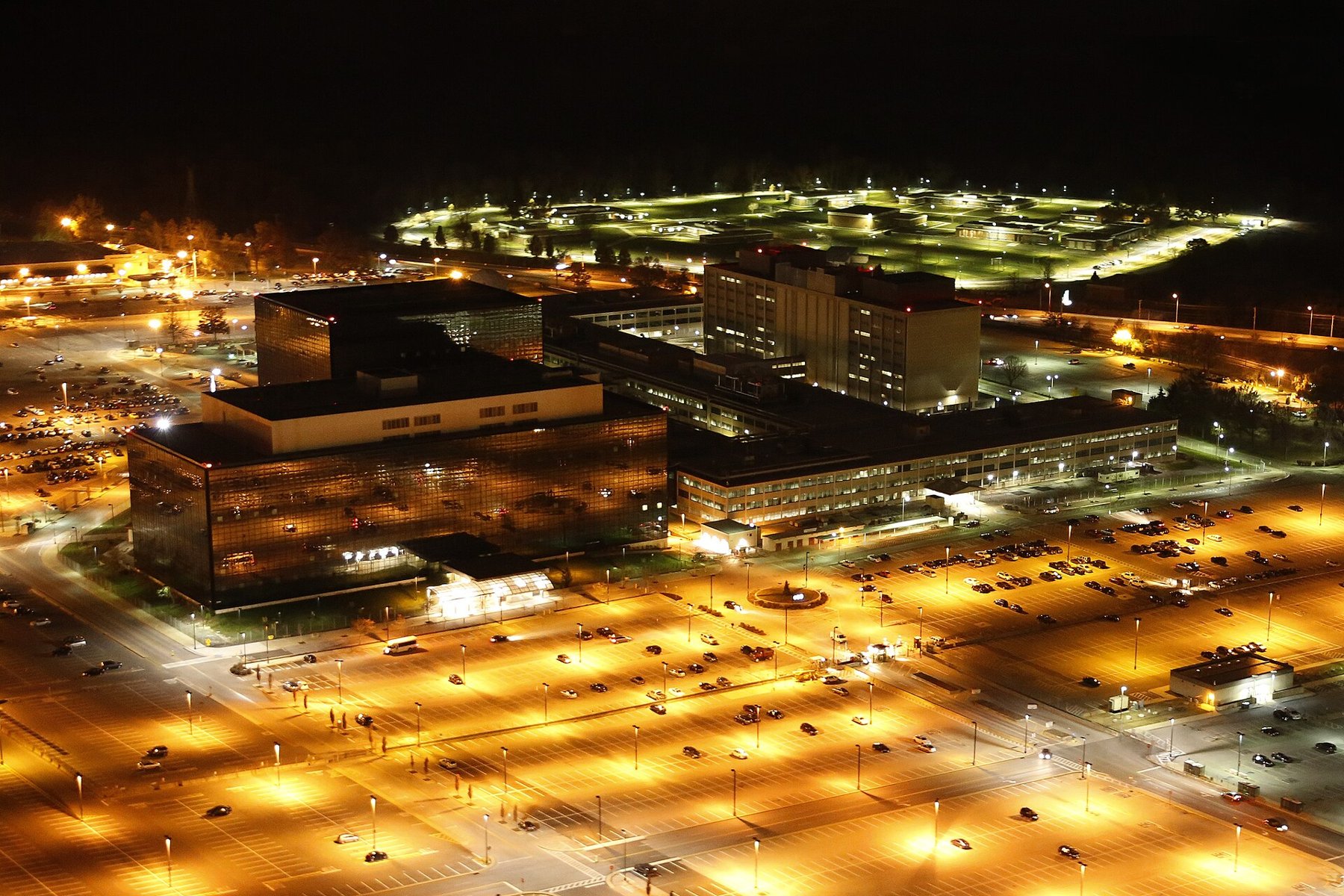 Aerial night photograph of National Security Agency headquarters at Fort Meade, Maryland