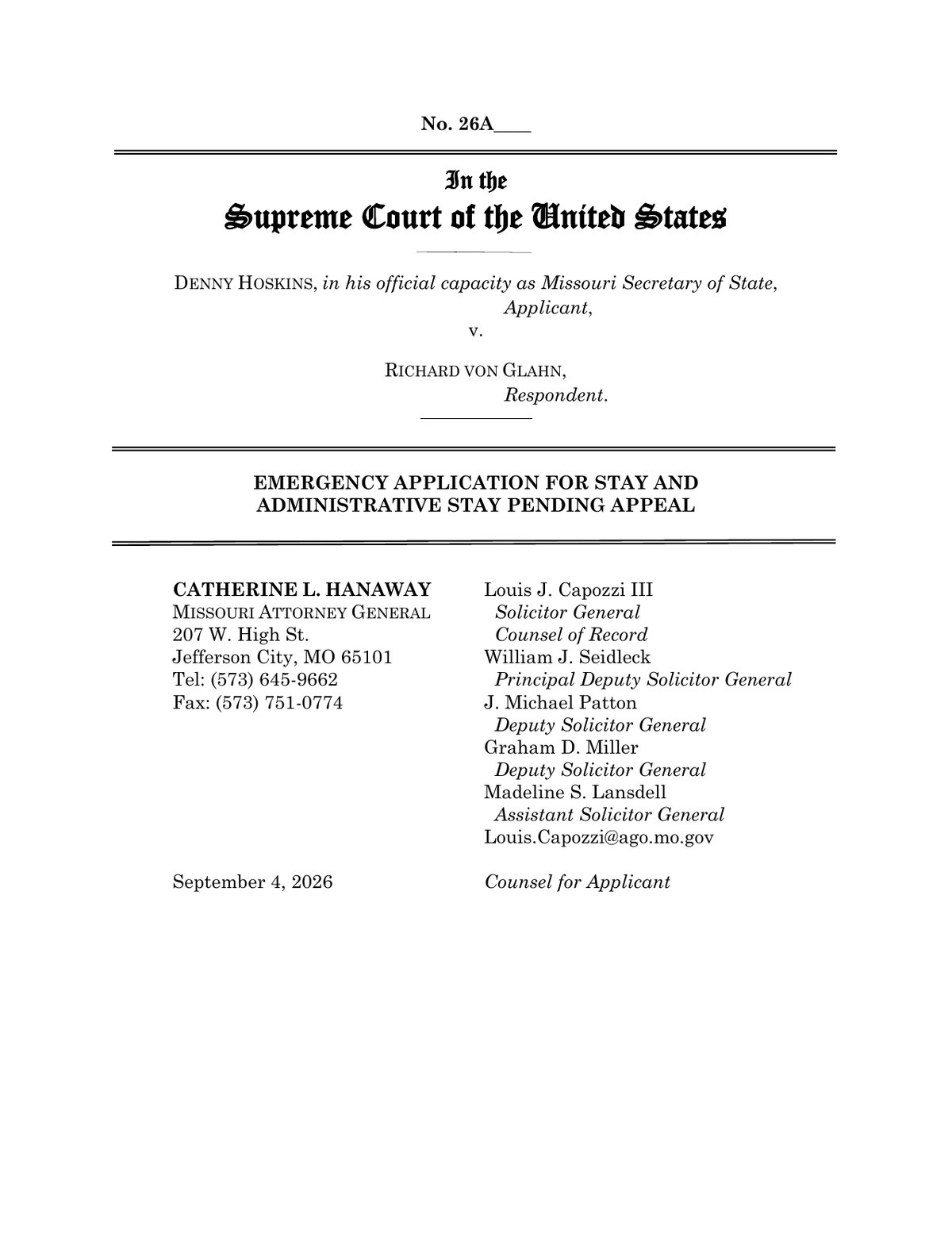 Cover page of Missouri's emergency stay application in Hoskins v. von Glahn, No. 26A304