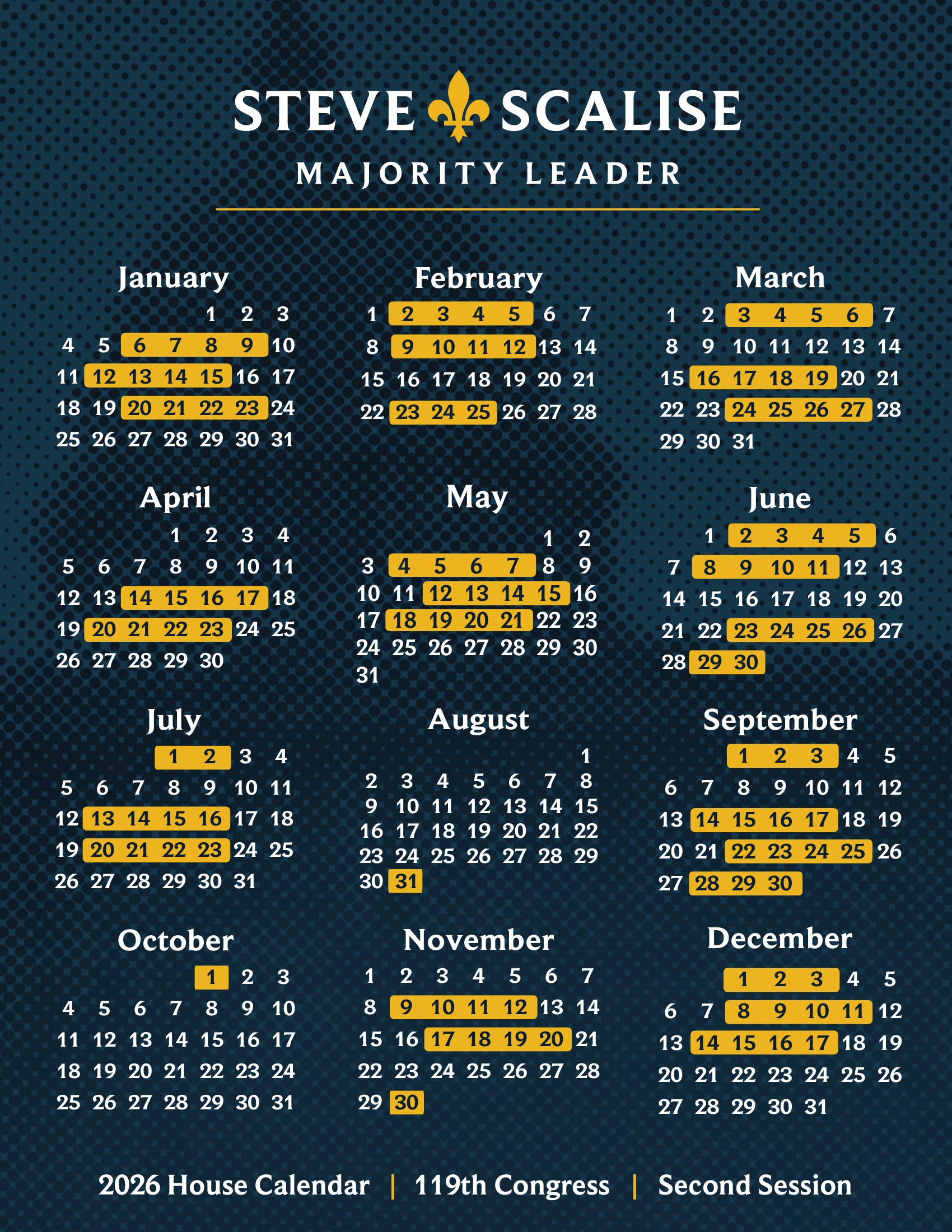The official 2026 House legislative calendar published by Majority Leader Steve Scalise, showing September 22 through 25 and September 28 through October 1 still marked as session days