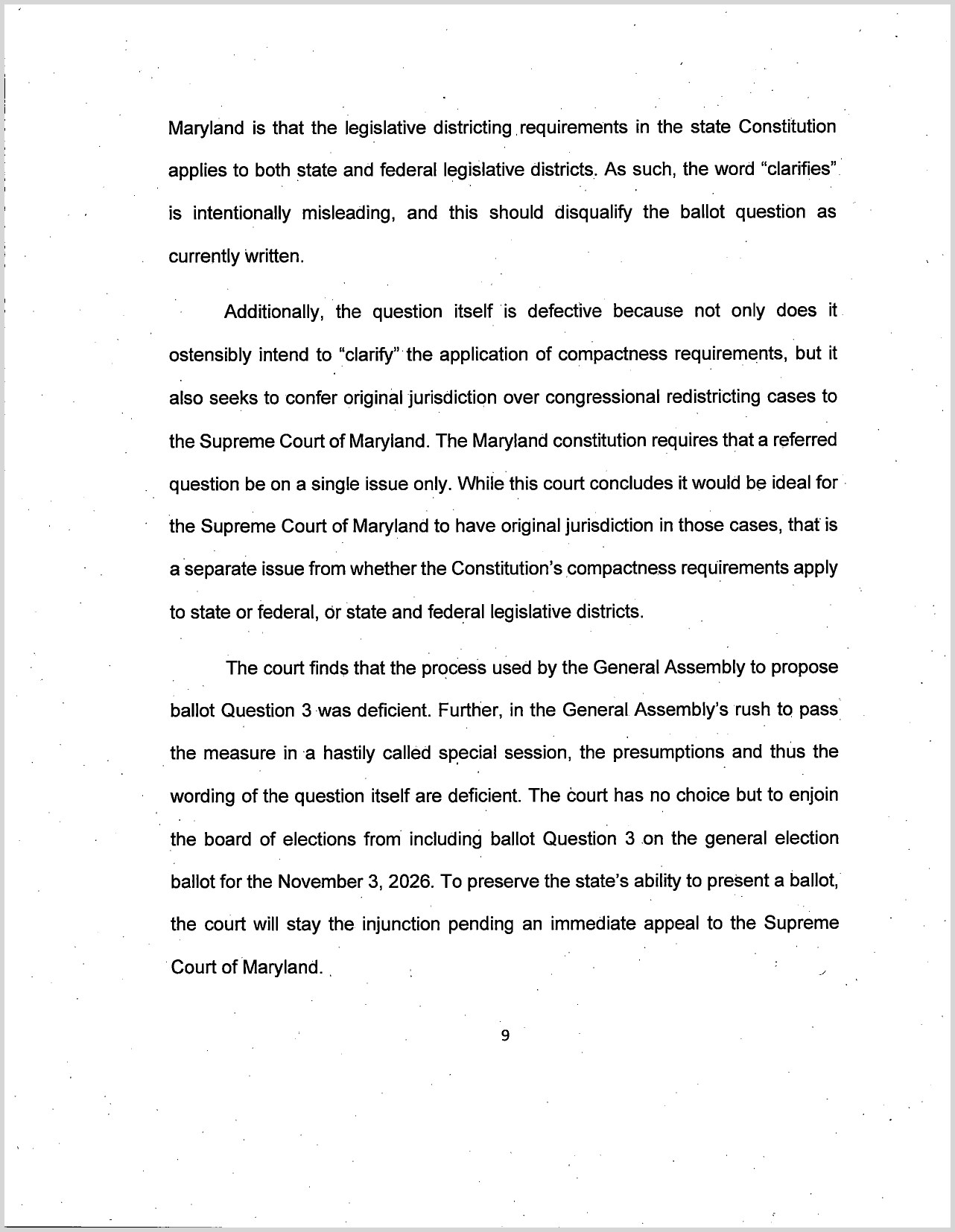 Page 9 of Judge Robert J. Thompson's memorandum opinion in Howell v. Maryland State Board of Elections, containing the single-issue holding and the order enjoining ballot Question 3