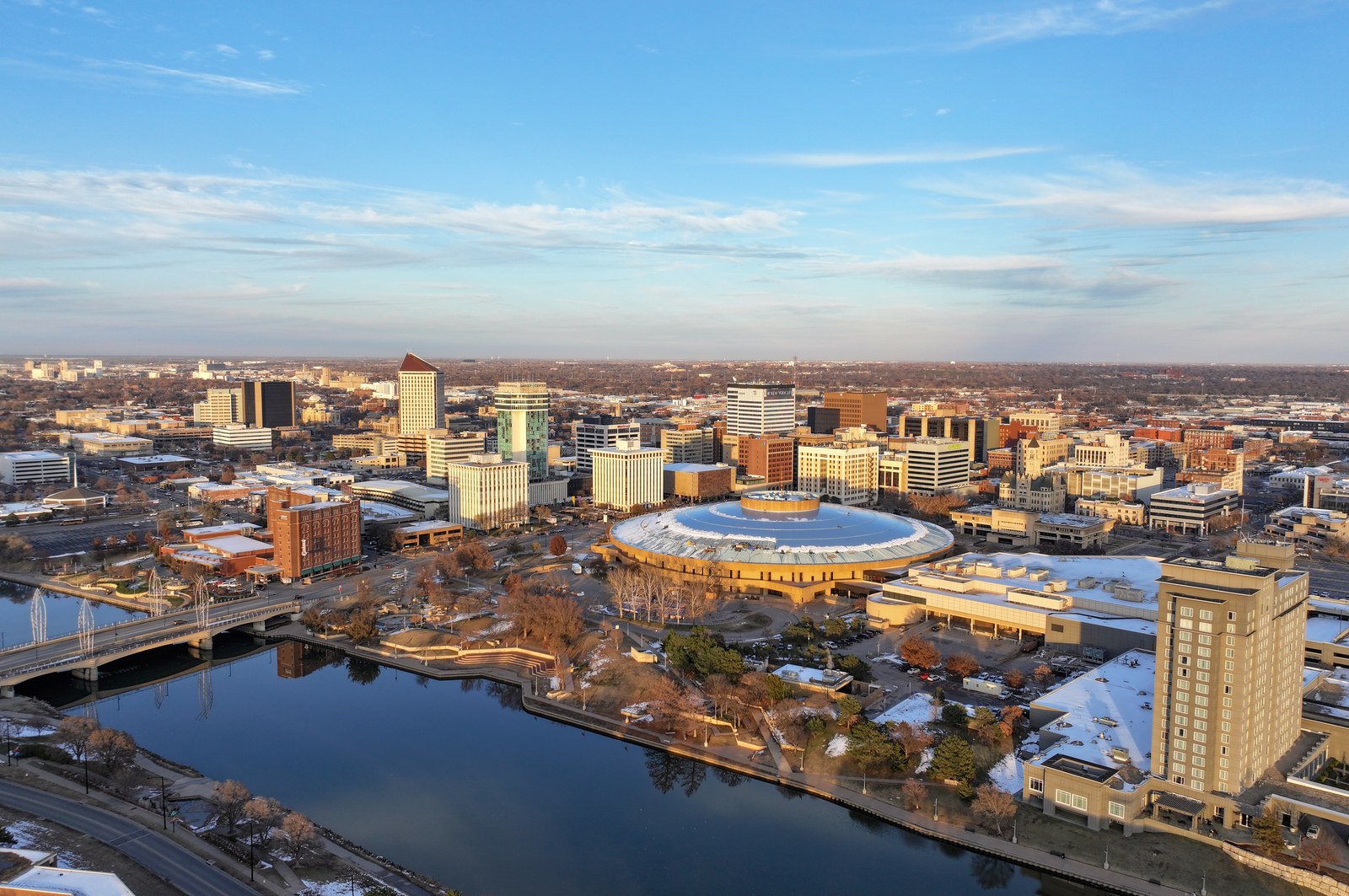 Aerial view of downtown Wichita, Kansas, where Mariana Alexandra Dewey was located and arrested