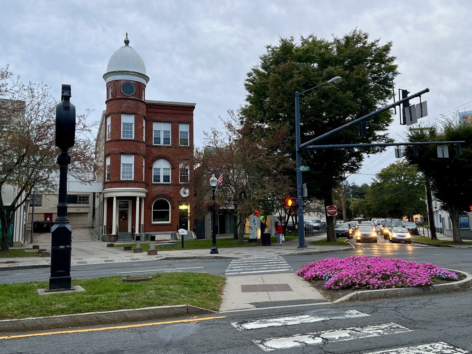 Wooster Square in downtown Danbury, Connecticut, showing the former News-Times building on a cloudy day