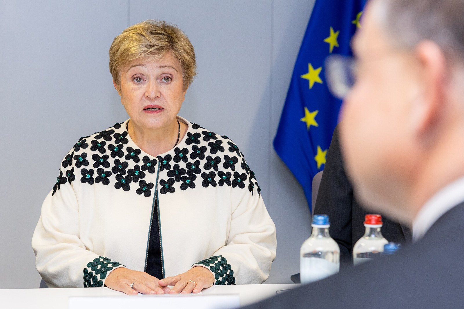 IMF Managing Director Kristalina Georgieva speaking at a table in front of a European Union flag