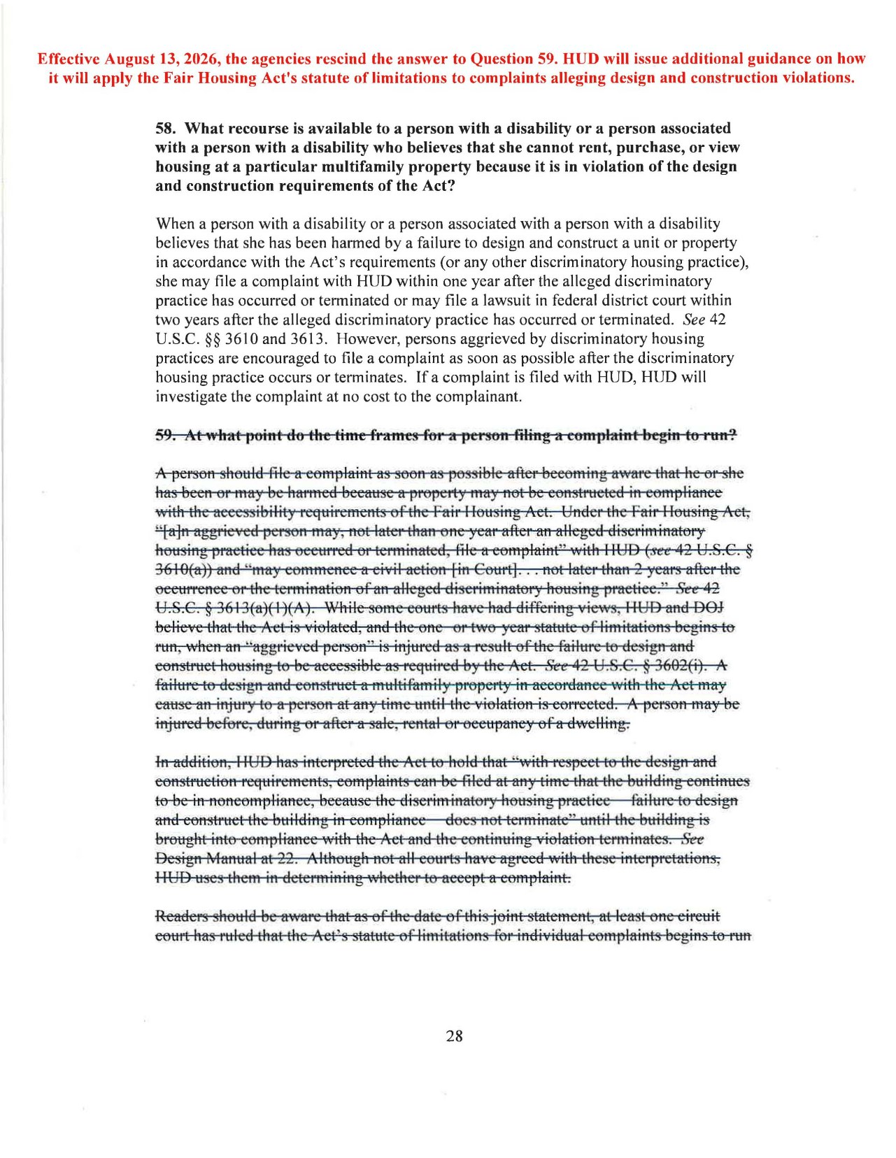 Page 28 of the HUD and DOJ Joint Statement on Accessibility Requirements, showing the answer to Question 59 struck through and a red banner announcing the August 13, 2026 rescission