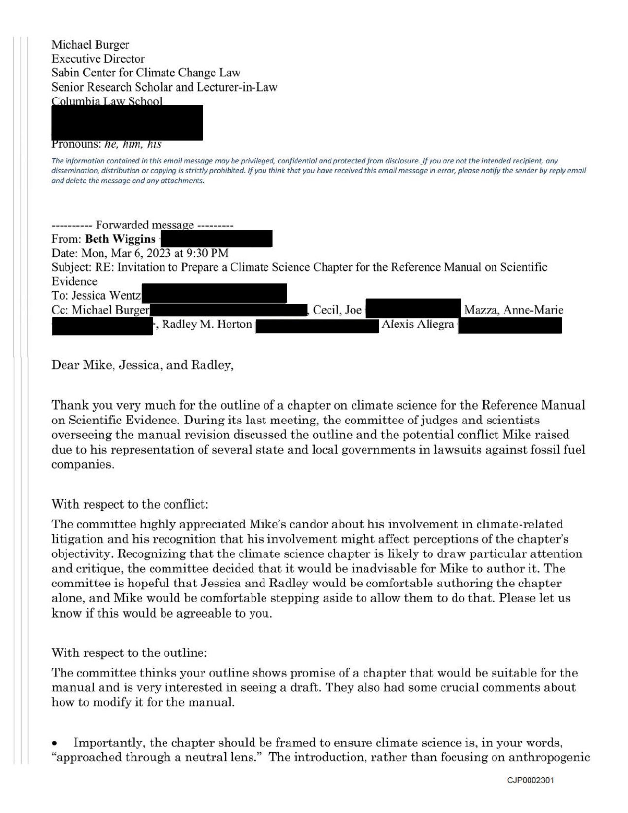 March 6, 2023 email from Federal Judicial Center research director Beth Wiggins telling Michael Burger he should step aside from authoring the climate chapter