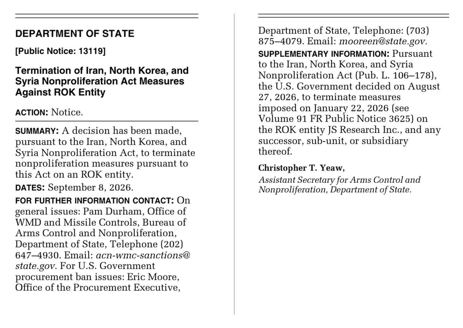 The full text of State Department Public Notice 13119 as printed at 91 FR 57207 and 57208, terminating Iran, North Korea, and Syria Nonproliferation Act measures against JS Research Inc.