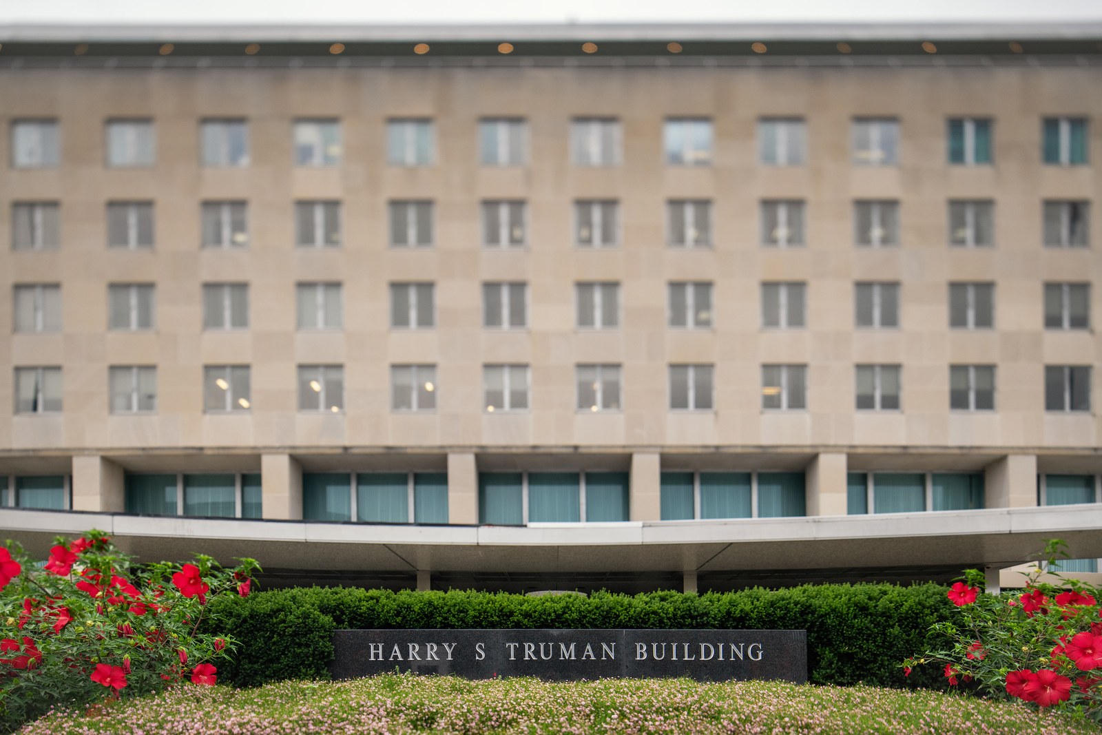 The front entrance of the State Department's Harry S. Truman Building in Washington, D.C.