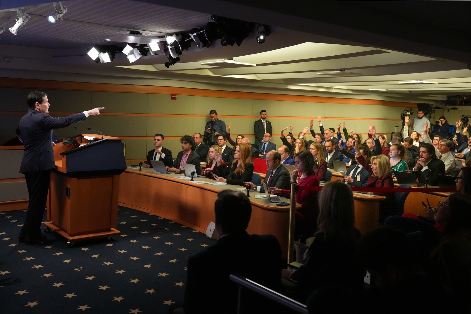 Secretary of State Marco Rubio taking questions from reporters in the State Department press briefing room