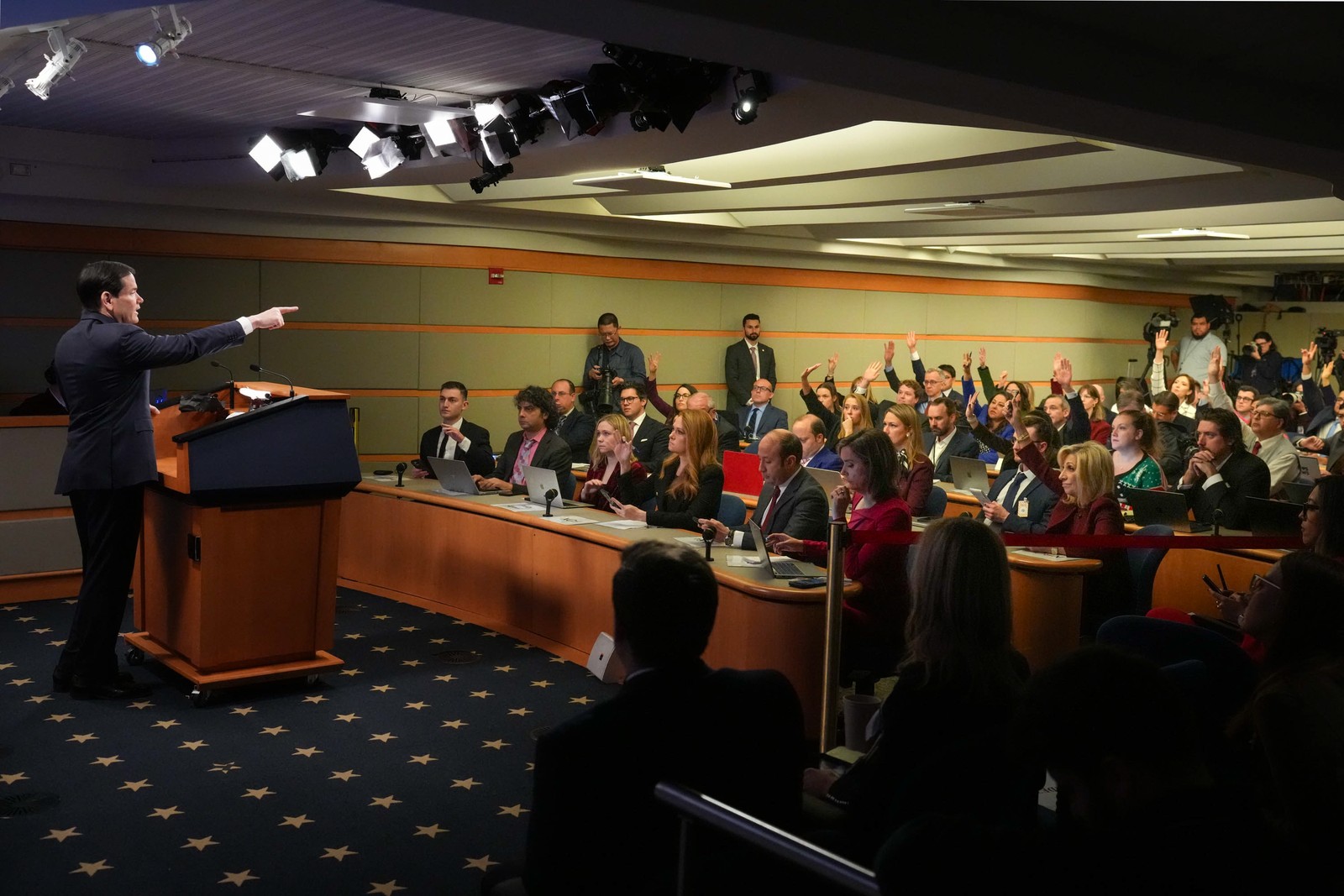 Secretary of State Marco Rubio takes questions from reporters in the State Department press briefing room