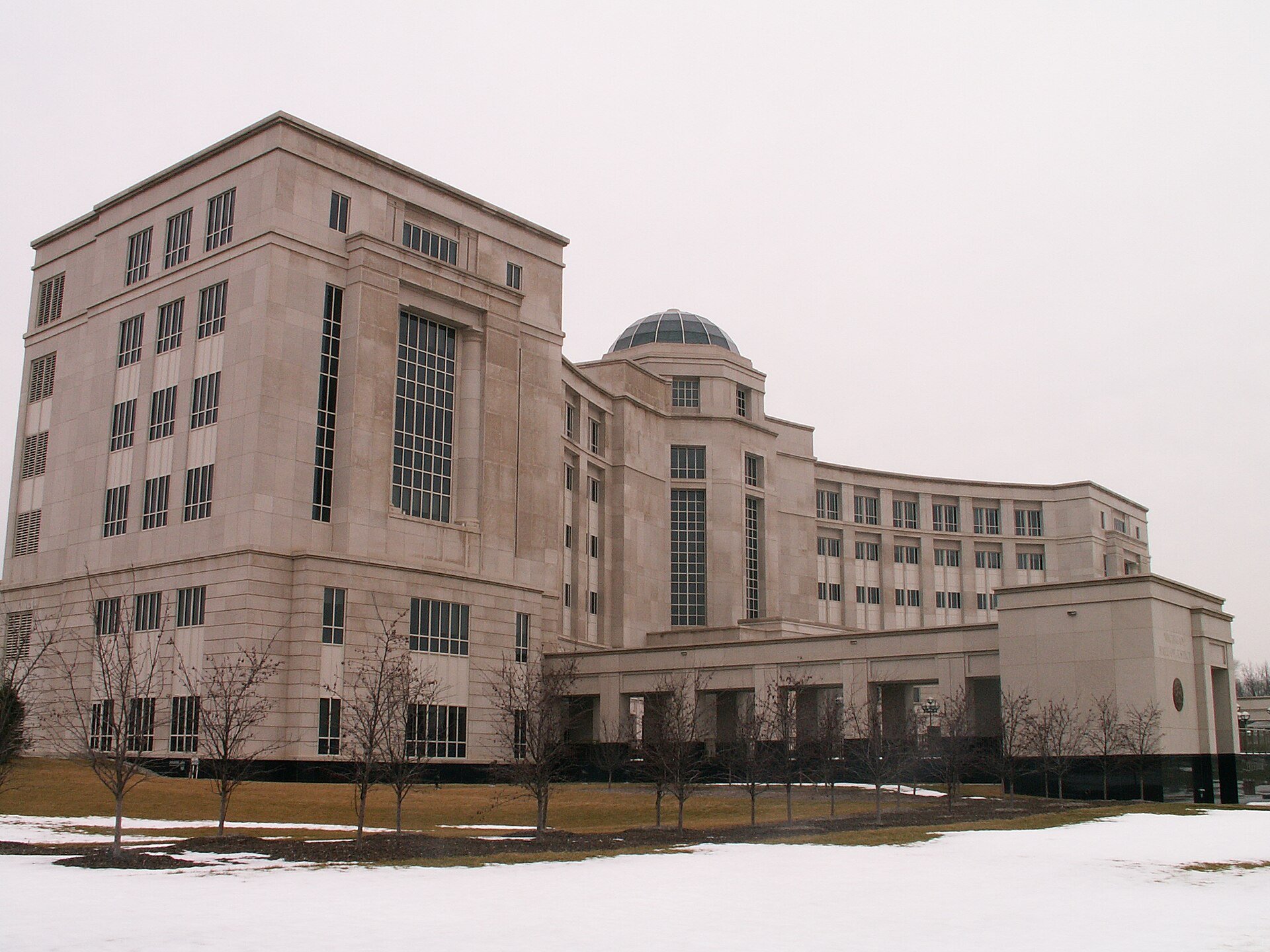 The Michigan Hall of Justice in Lansing, home of the Michigan Supreme Court, in winter