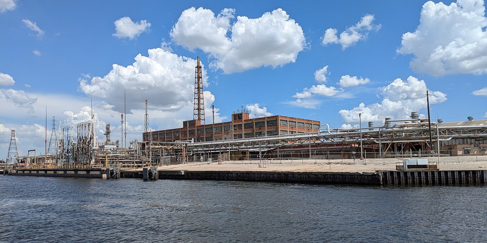 The LyondellBasell Houston refinery seen from the Houston Ship Channel in August 2024, seven months before it stopped refining crude oil