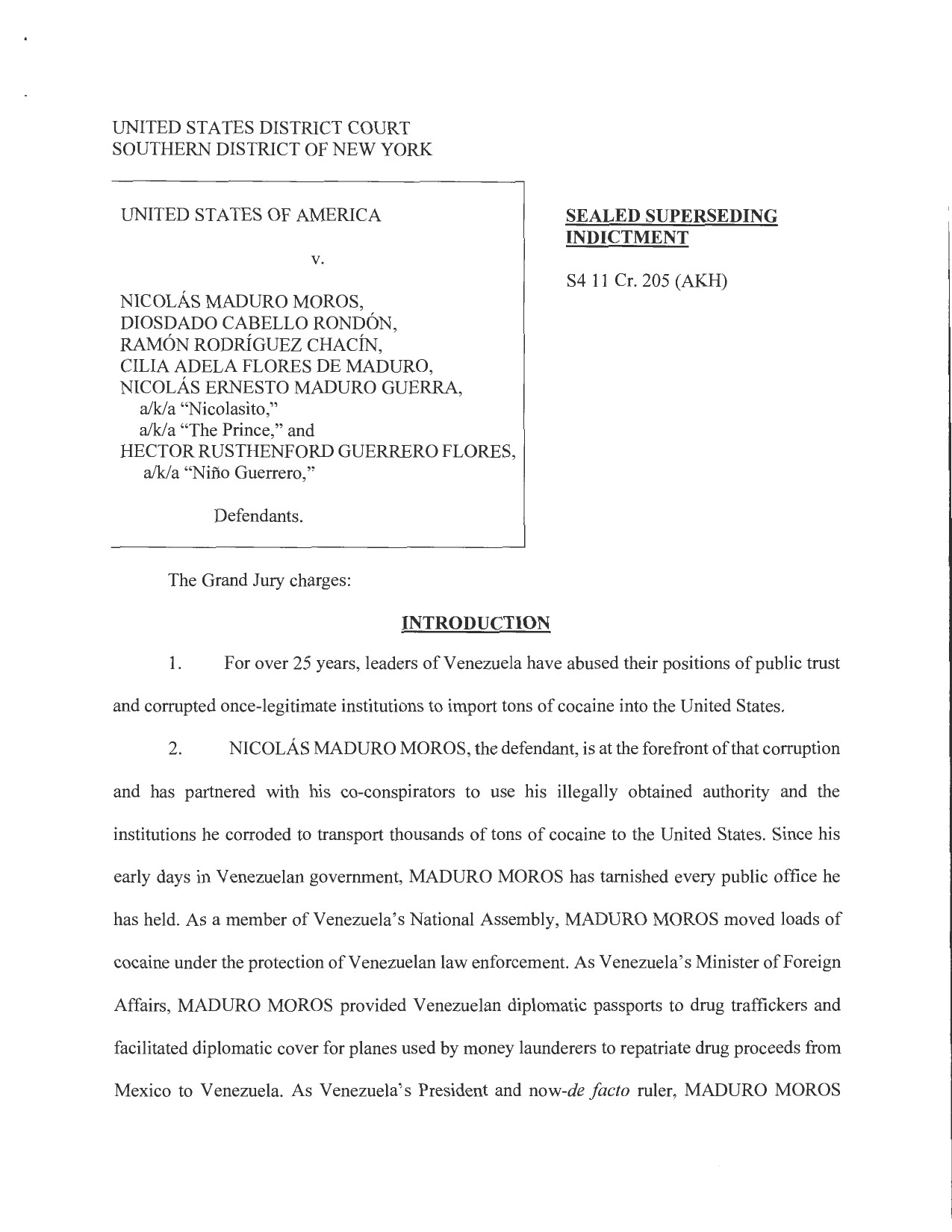 Caption page of the Fourth Superseding Indictment in United States v. Nicolás Maduro Moros, S4 11 Cr. 205 (AKH), Southern District of New York