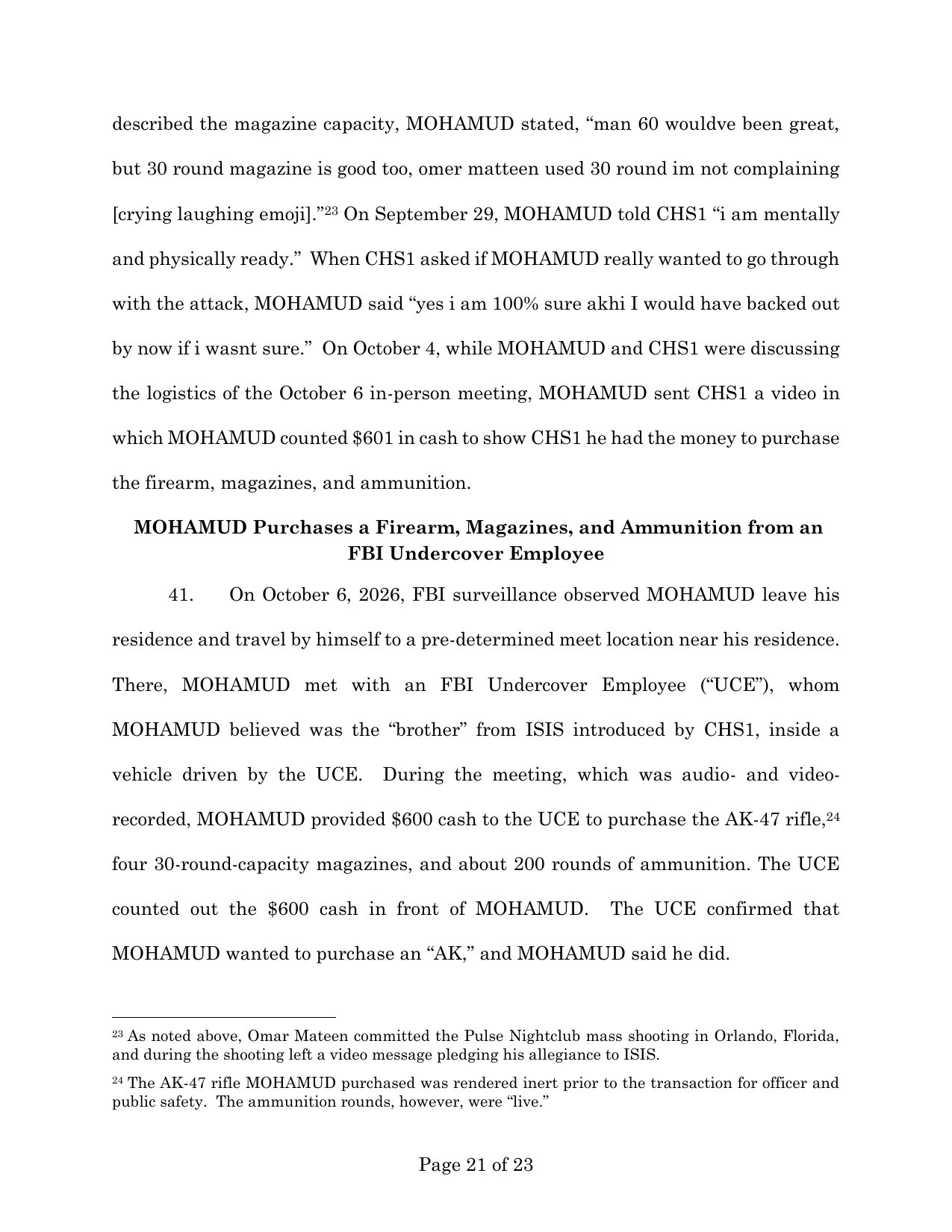 Page 21 of the FBI affidavit in the Mall of America case, including footnote 24 stating the rifle was rendered inert