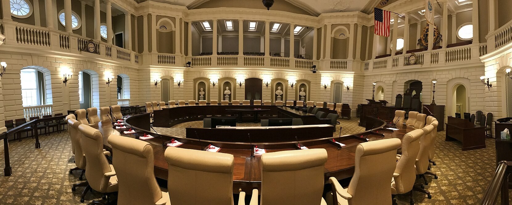 The empty Massachusetts State Senate chamber inside the State House on Beacon Hill