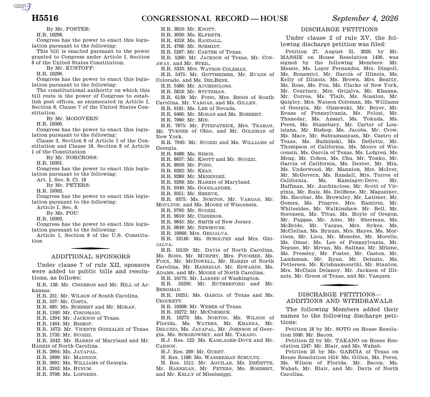 Page H5516 of the Congressional Record for September 4, 2026, printing all 106 signatories to Discharge Petition 27 on House Resolution 1430