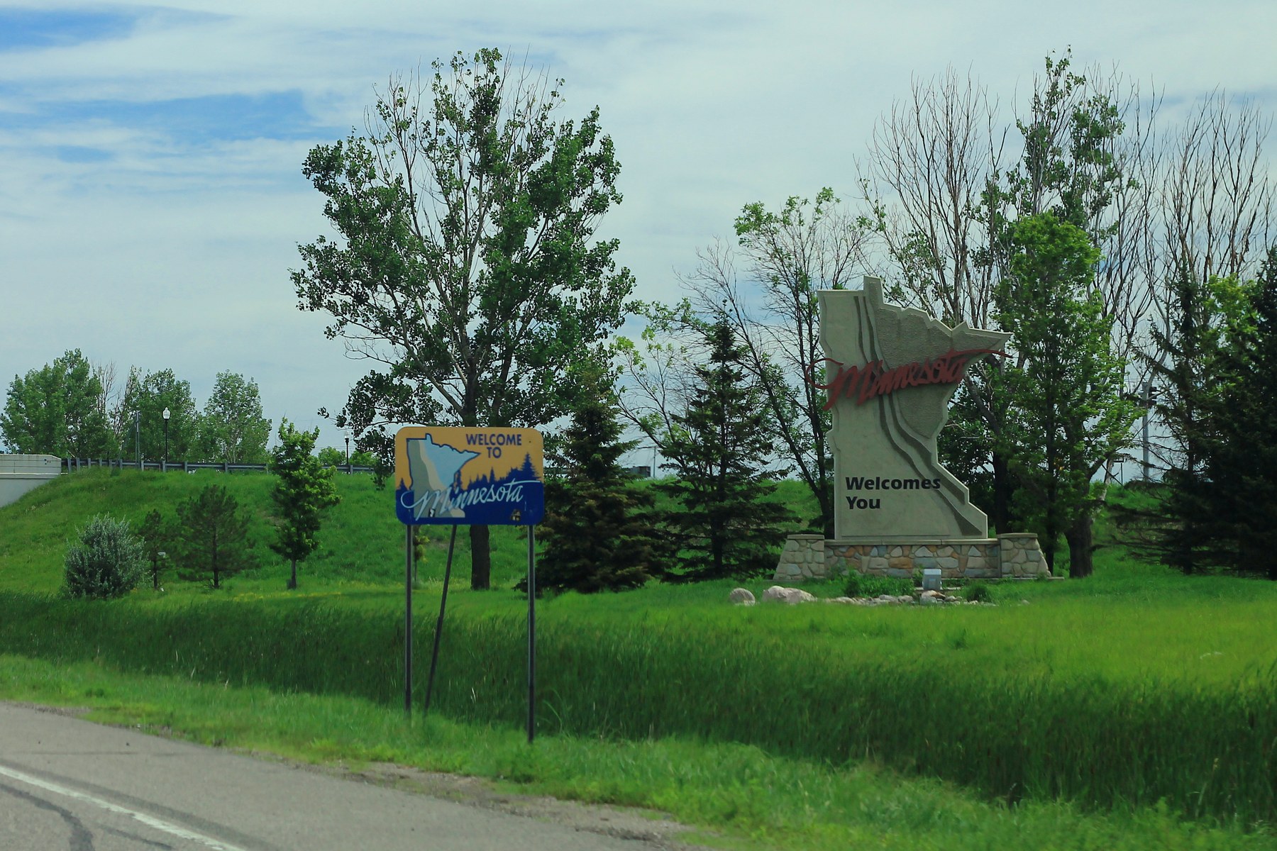 Welcome to Minnesota signs at the state line on eastbound Interstate 94