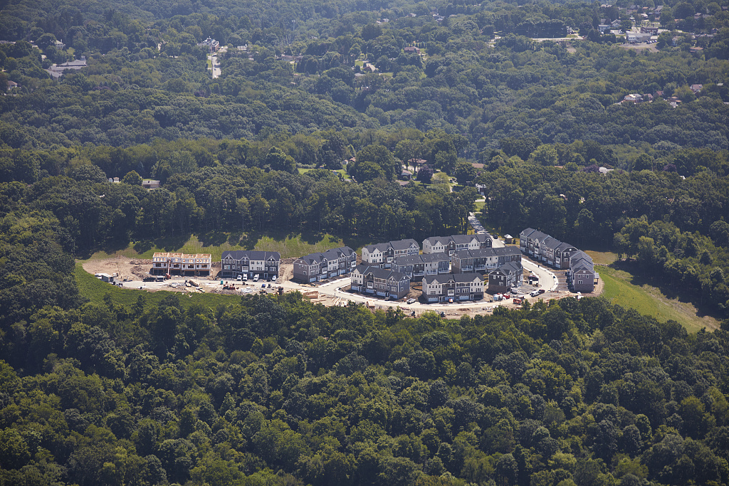 Aerial view of a new townhome development carved from a wooded hilltop near Franklin Park, north of Pittsburgh, Pennsylvania
