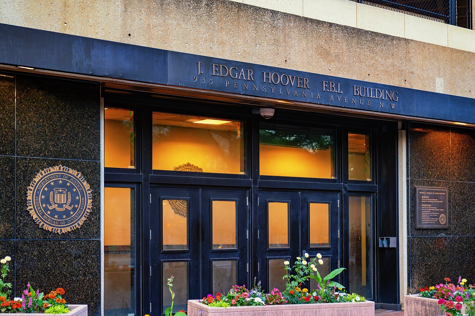 Entrance of the J. Edgar Hoover FBI Building at 935 Pennsylvania Avenue in Washington