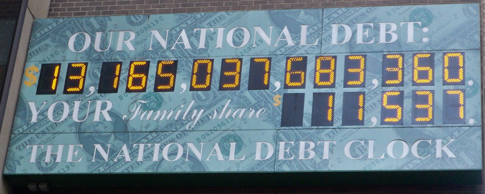 The National Debt Clock in New York City displaying a national debt of $13.1 trillion