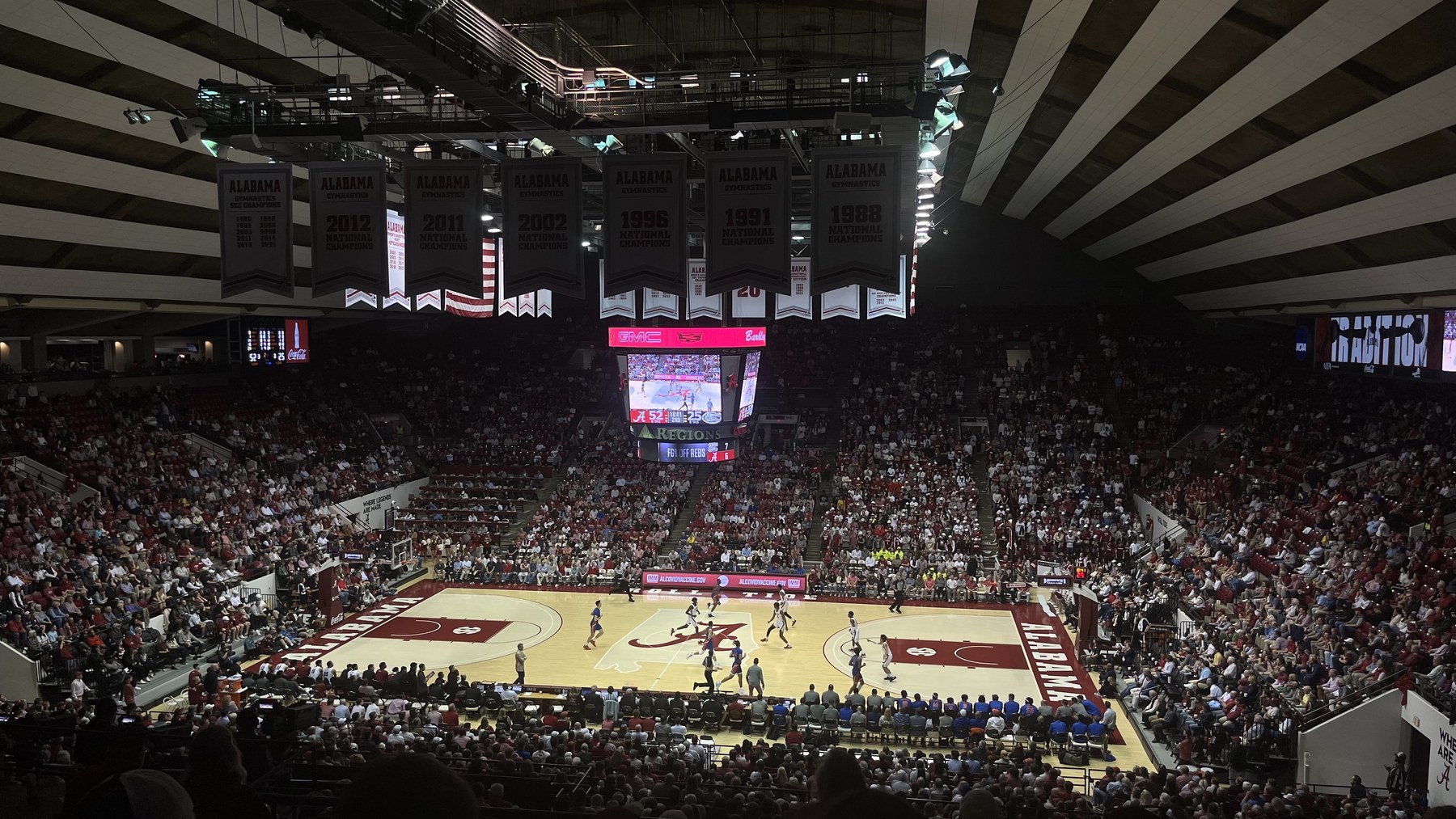 Interior view of Coleman Coliseum in Tuscaloosa during an Alabama Crimson Tide men's basketball game in February 2023
