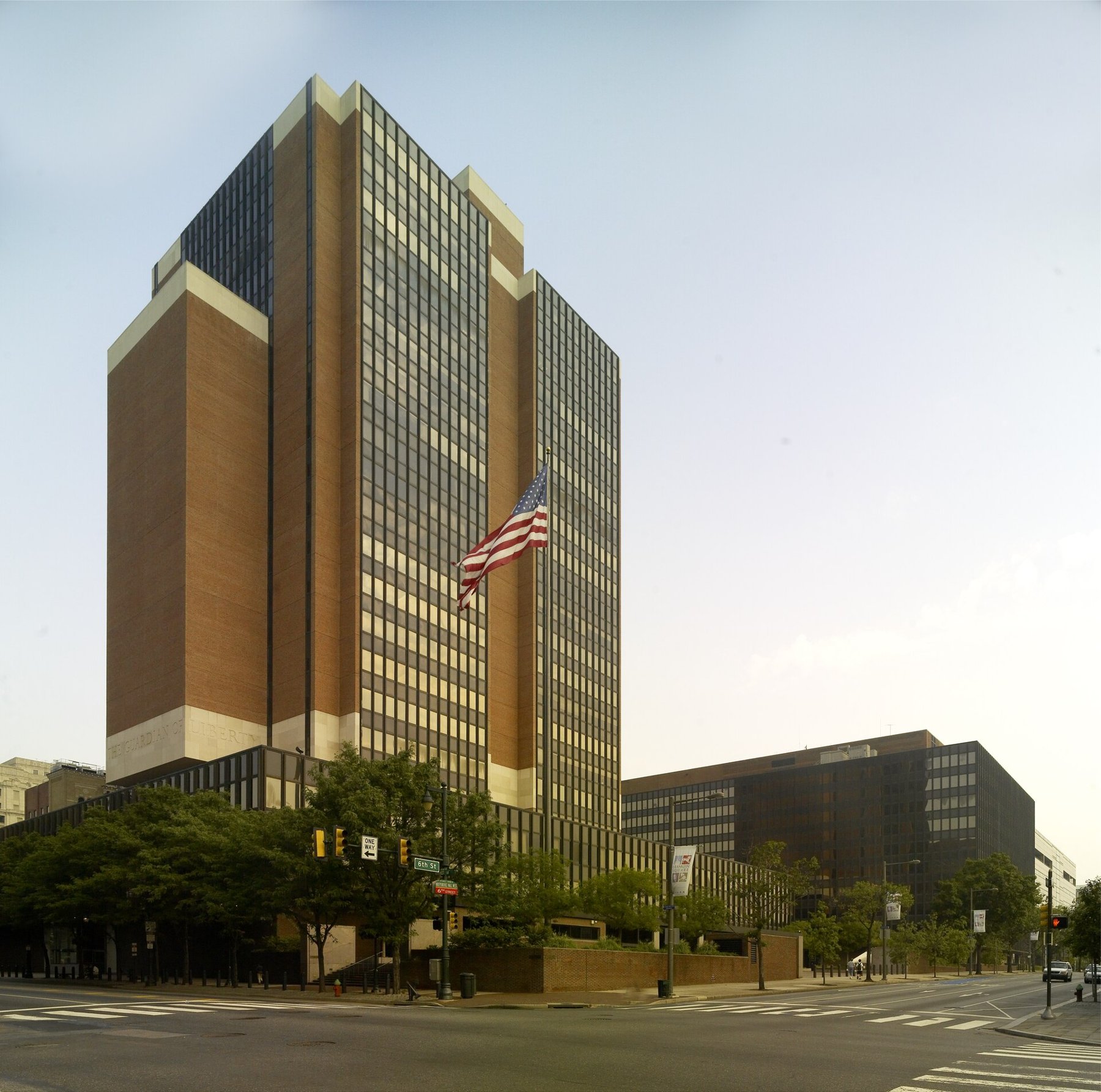 James A. Byrne U.S. Courthouse in Philadelphia, home of the Third Circuit Court of Appeals, with an American flag in front