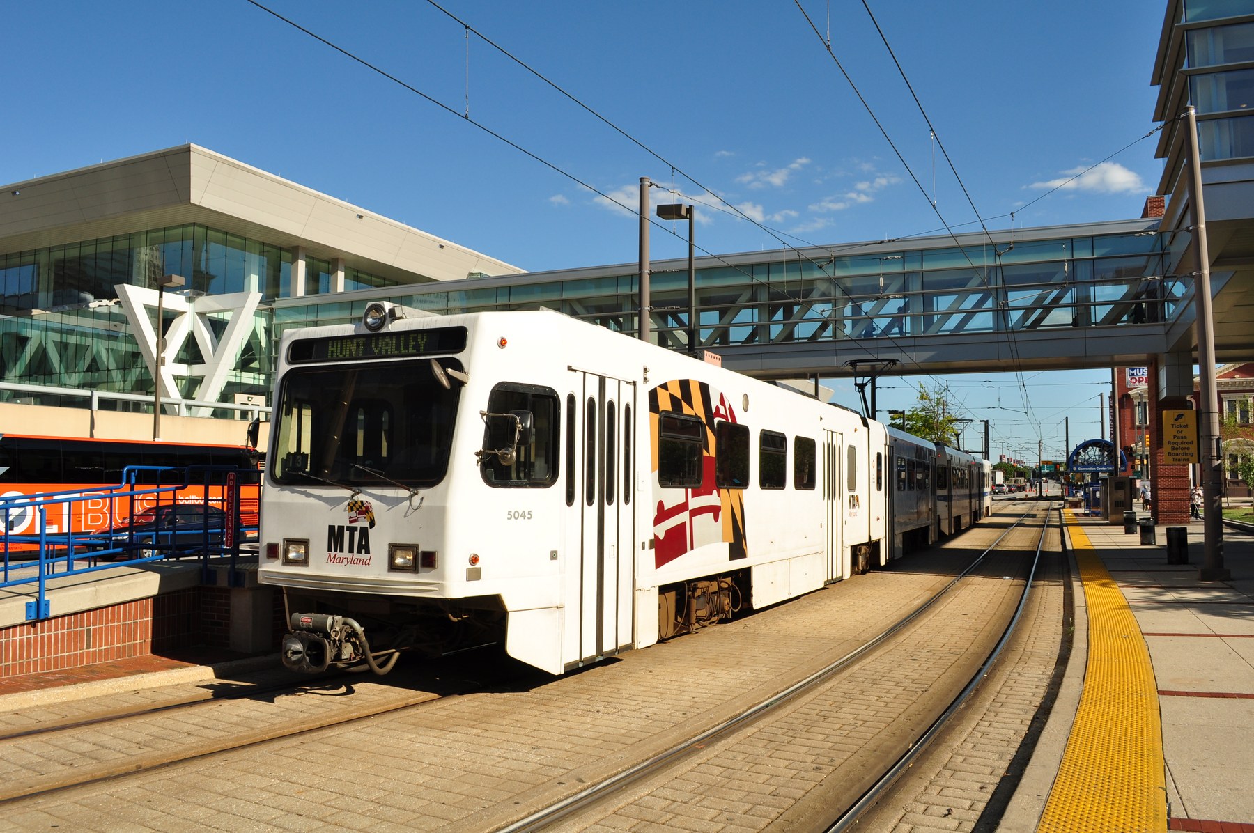 A Maryland Transit Administration light rail train at the Convention Center station in Baltimore