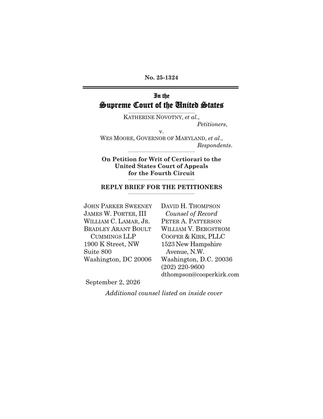 Cover page of the September 2, 2026 reply brief for the petitioners in Novotny v. Moore, Supreme Court No. 25-1324