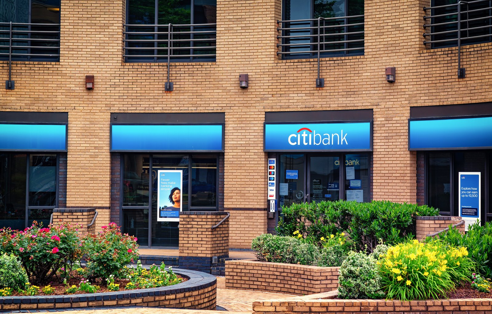 Citibank branch entrance with blue signage on a brick building in Bethesda, Maryland