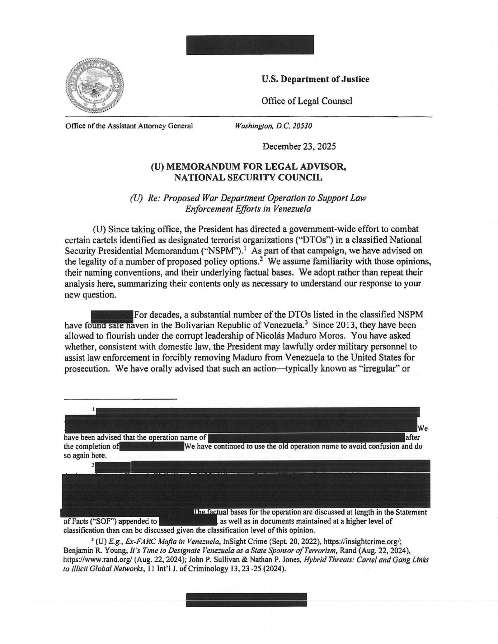 First page of the December 23, 2025 Office of Legal Counsel memorandum to the National Security Council legal advisor on a proposed operation in Venezuela