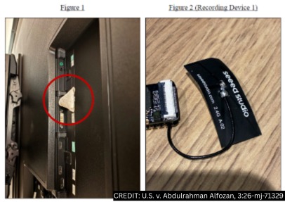 Two photos from the criminal complaint: a USB device circled in red behind a television, and the recording device on a wooden table
