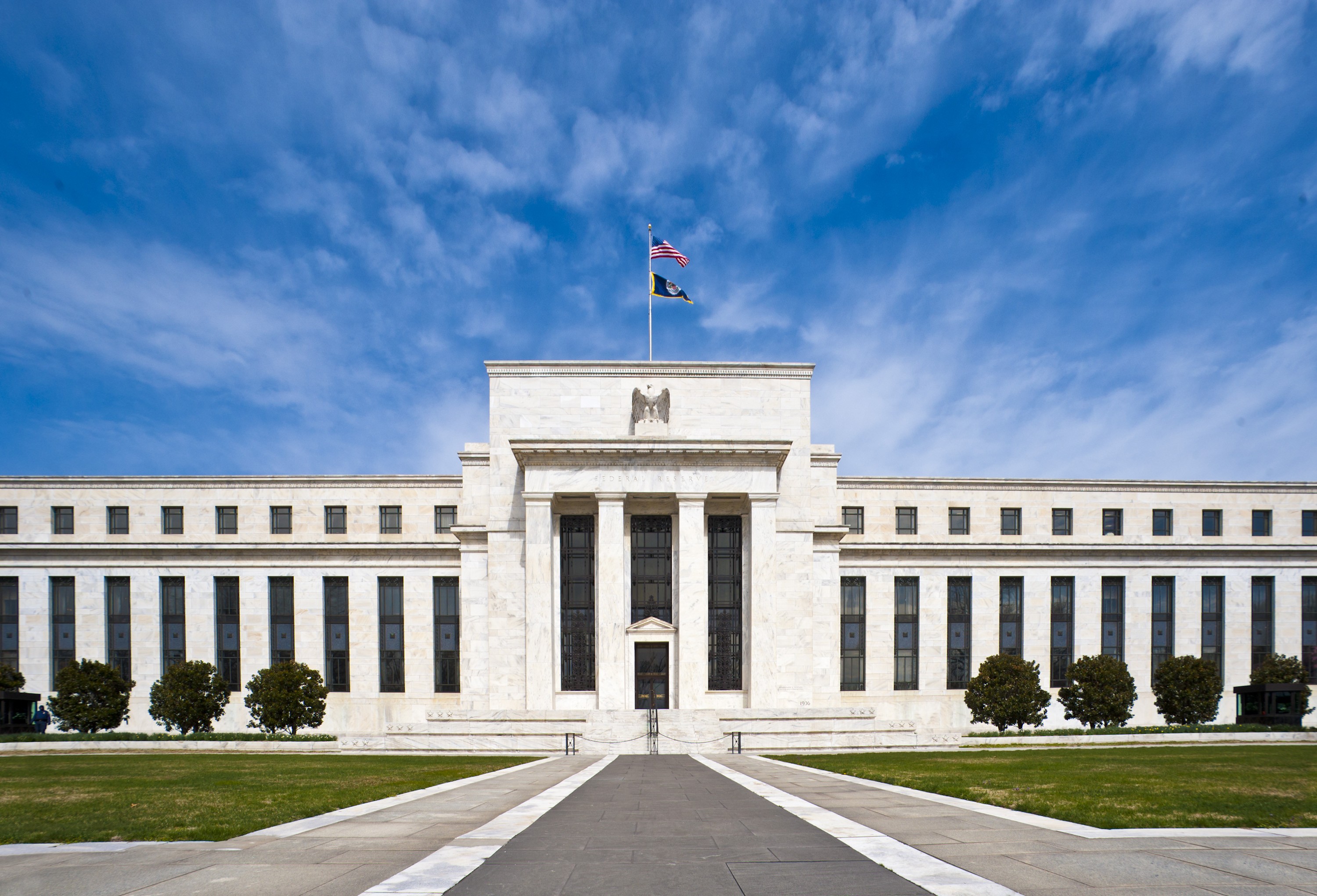 The Marriner S. Eccles Federal Reserve Board Building in Washington, D.C., the marble headquarters of the Federal Reserve, photographed from the north lawn