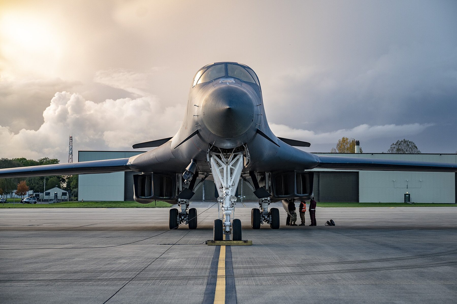 A U.S. Air Force B-1B Lancer bomber parked nose-on at RAF Fairford, England