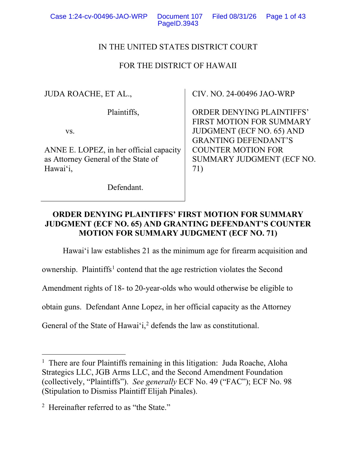 First page of Judge Jill Otake's August 31, 2026 order granting summary judgment to Hawaii Attorney General Anne Lopez in Roache v. Lopez