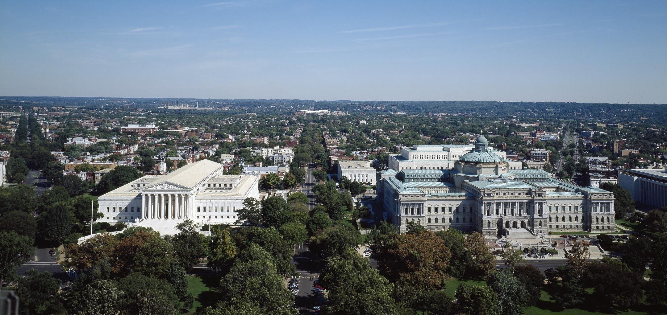 Aerial view of the U.S. Supreme Court building and the Library of Congress Jefferson Building in Washington