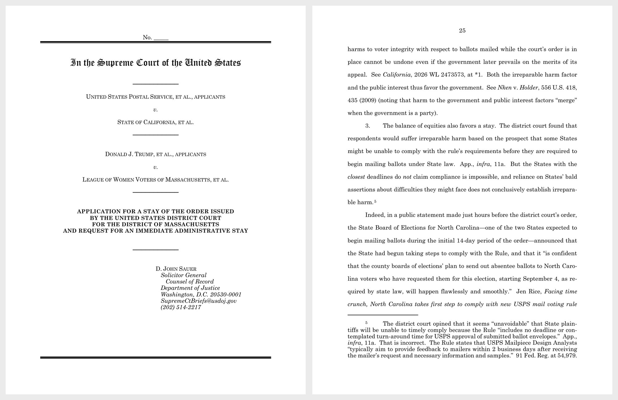 Cover page and page 25 of the September 3, 2026 Supreme Court stay application in No. 26A297, showing the caption and the paragraph citing North Carolina's board of elections
