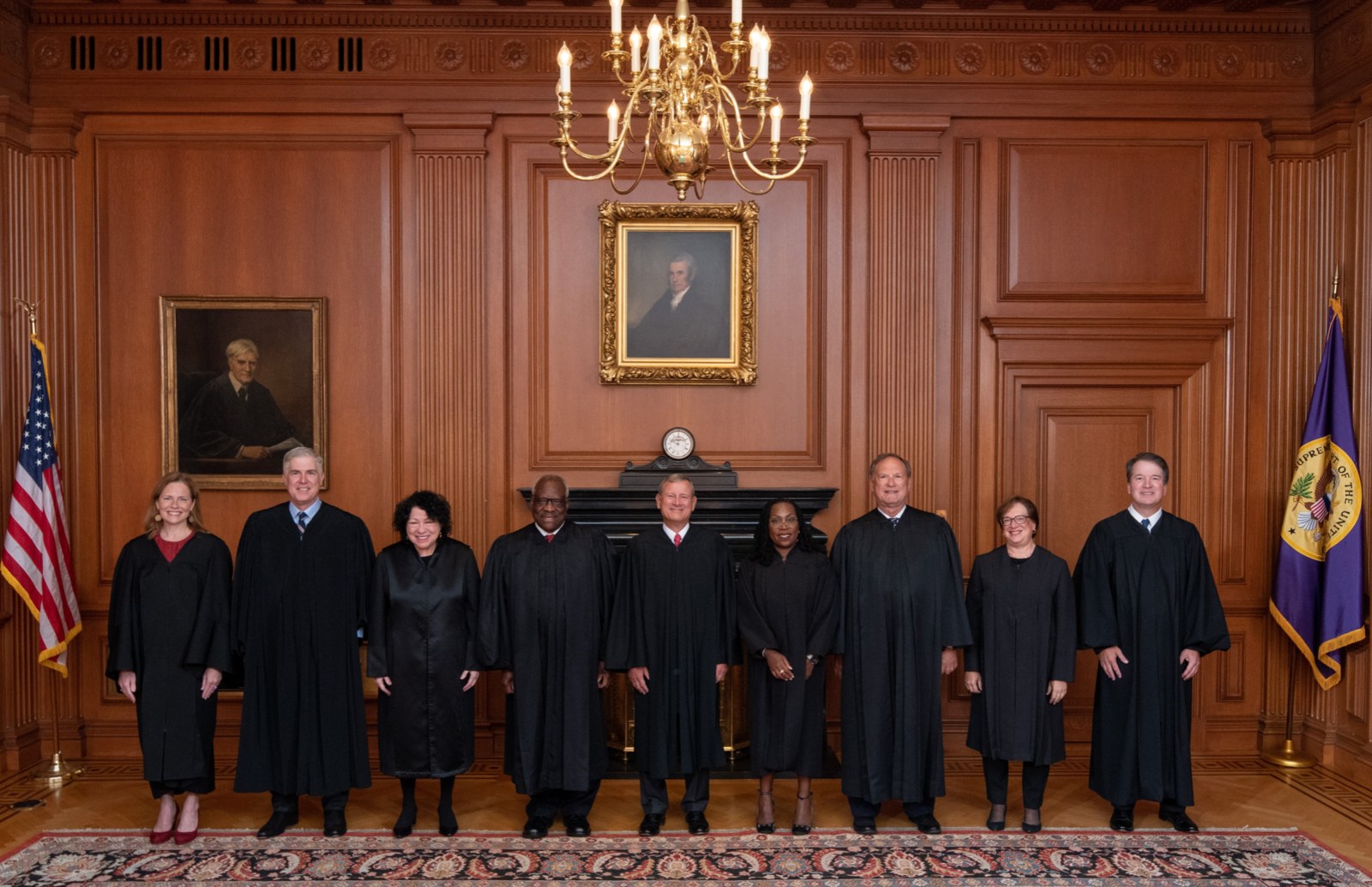 Official group portrait of the nine justices of the United States Supreme Court, including Chief Justice John Roberts and Justice Ketanji Brown Jackson