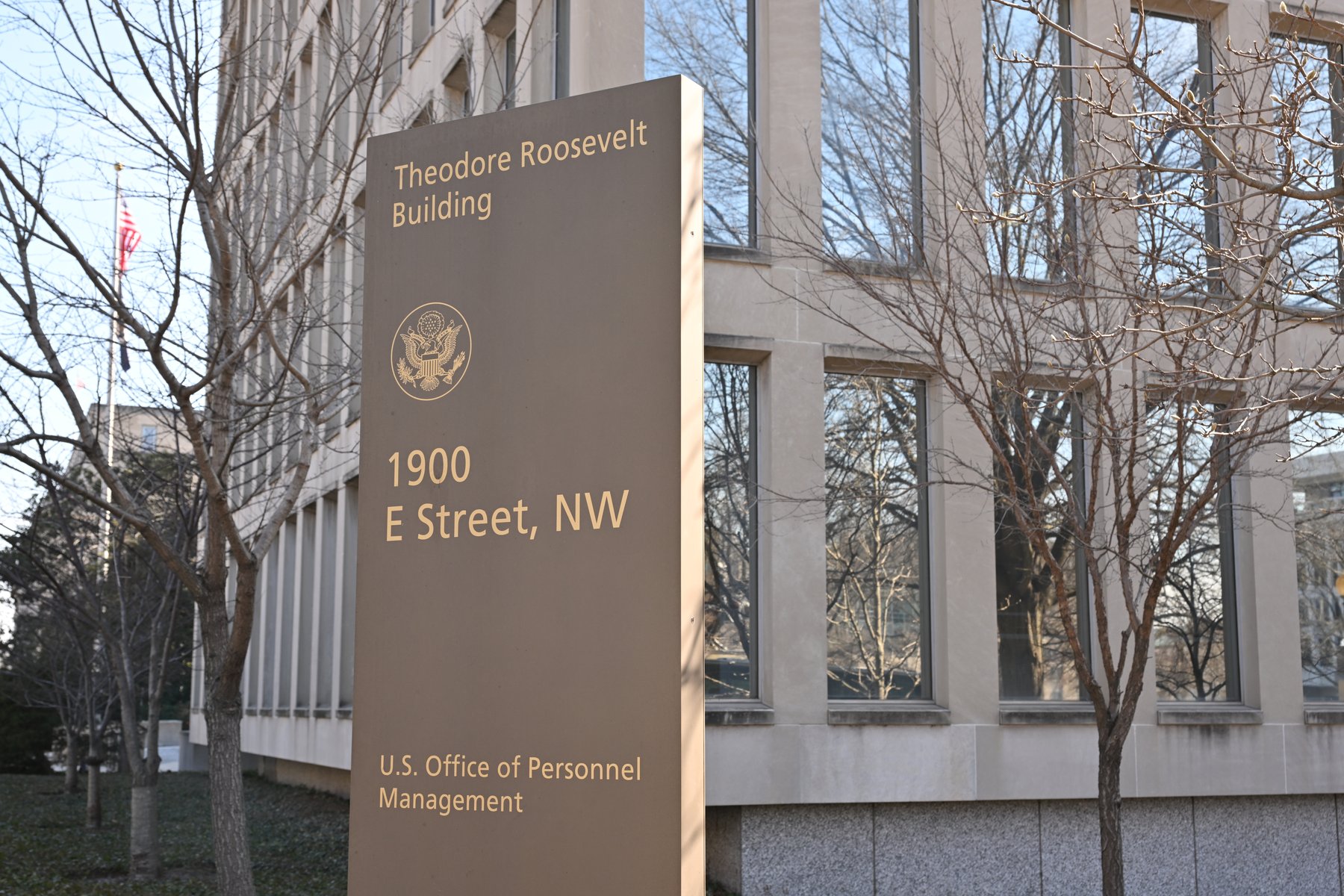 Sign outside the Theodore Roosevelt Building, headquarters of the U.S. Office of Personnel Management, at 1900 E Street NW in Washington