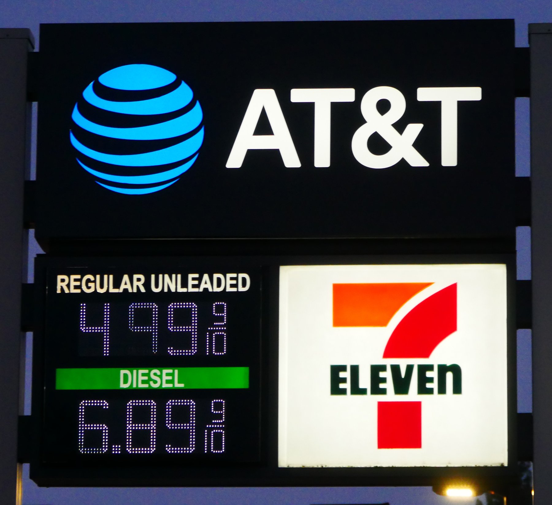 Gas station price sign in Eugene, Oregon showing regular unleaded at $4.99 and diesel at $6.89 on September 26, 2026
