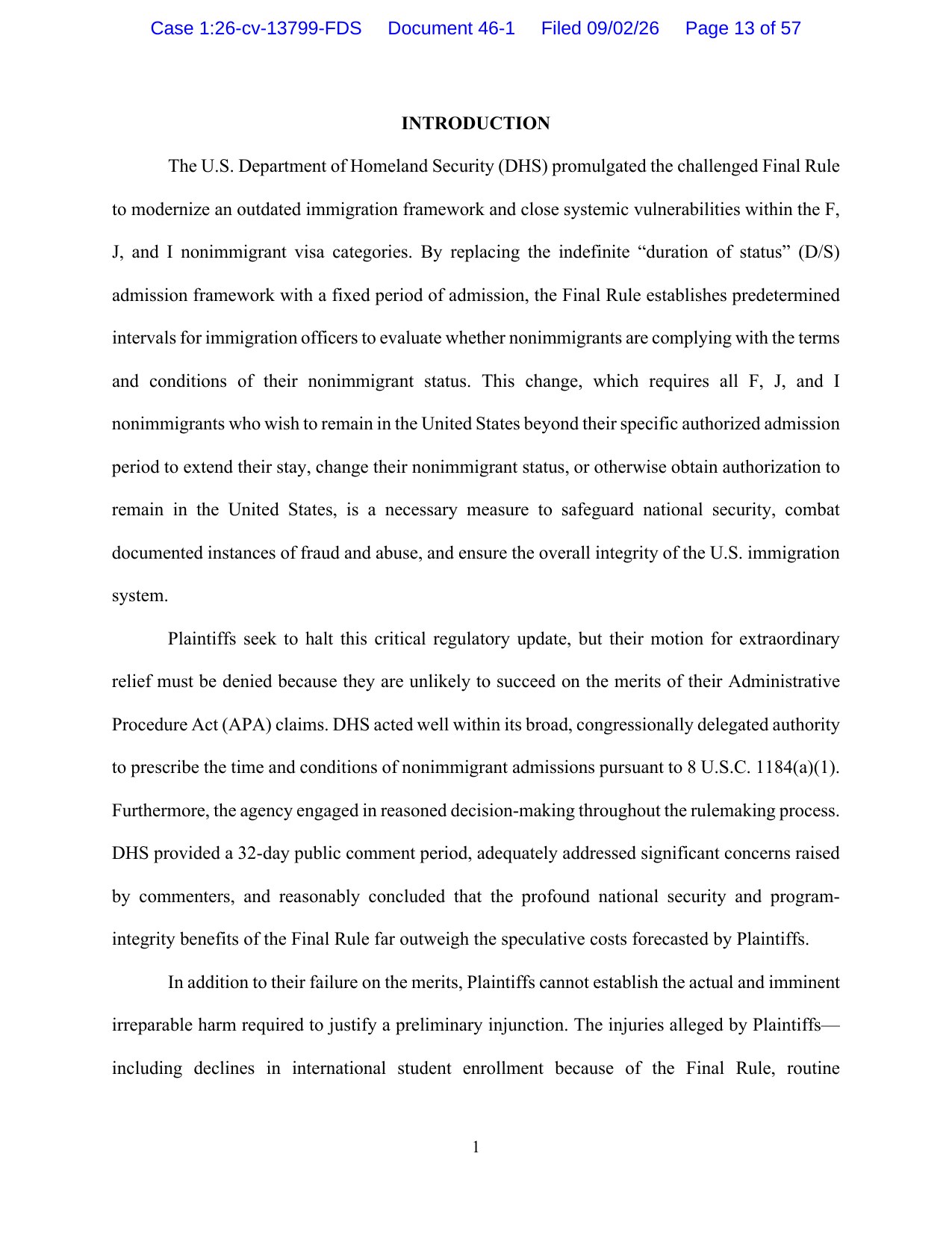 Introduction page of the Justice Department's opposition brief in Presidents' Alliance v. DHS, case 1:26-cv-13799-FDS, filed September 2, 2026