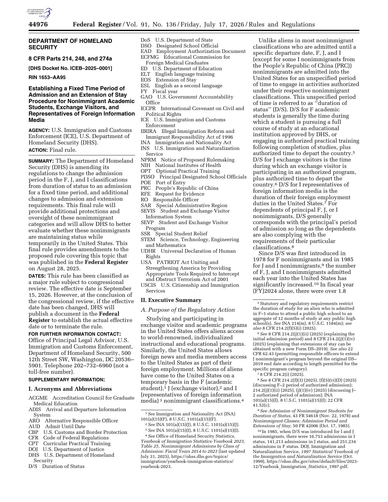 First page of the Department of Homeland Security final rule at 91 Federal Register 44976, published July 17, 2026